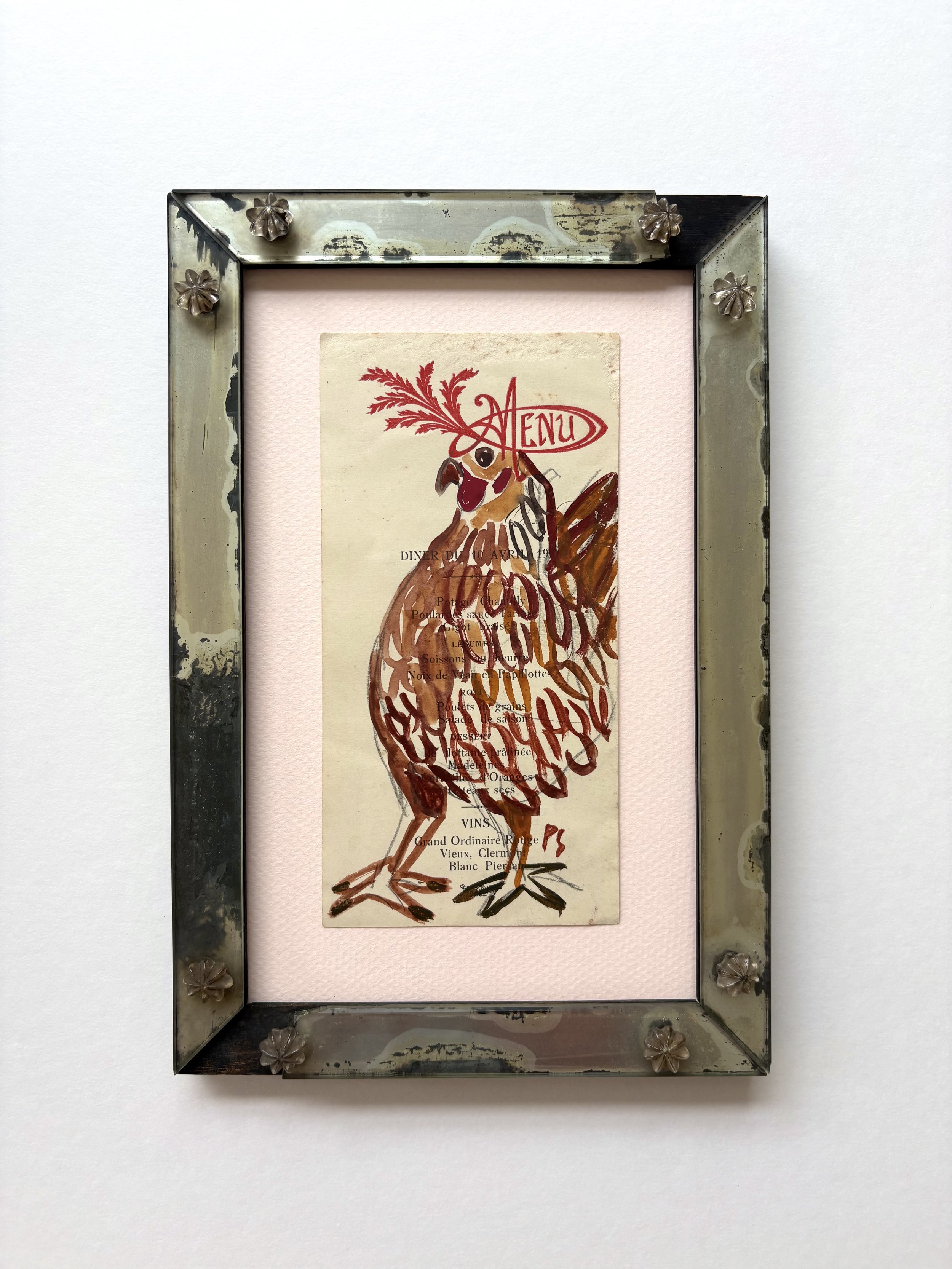 Unique tempera drawing by Pylle Søndergaard, with antique Venetian frame