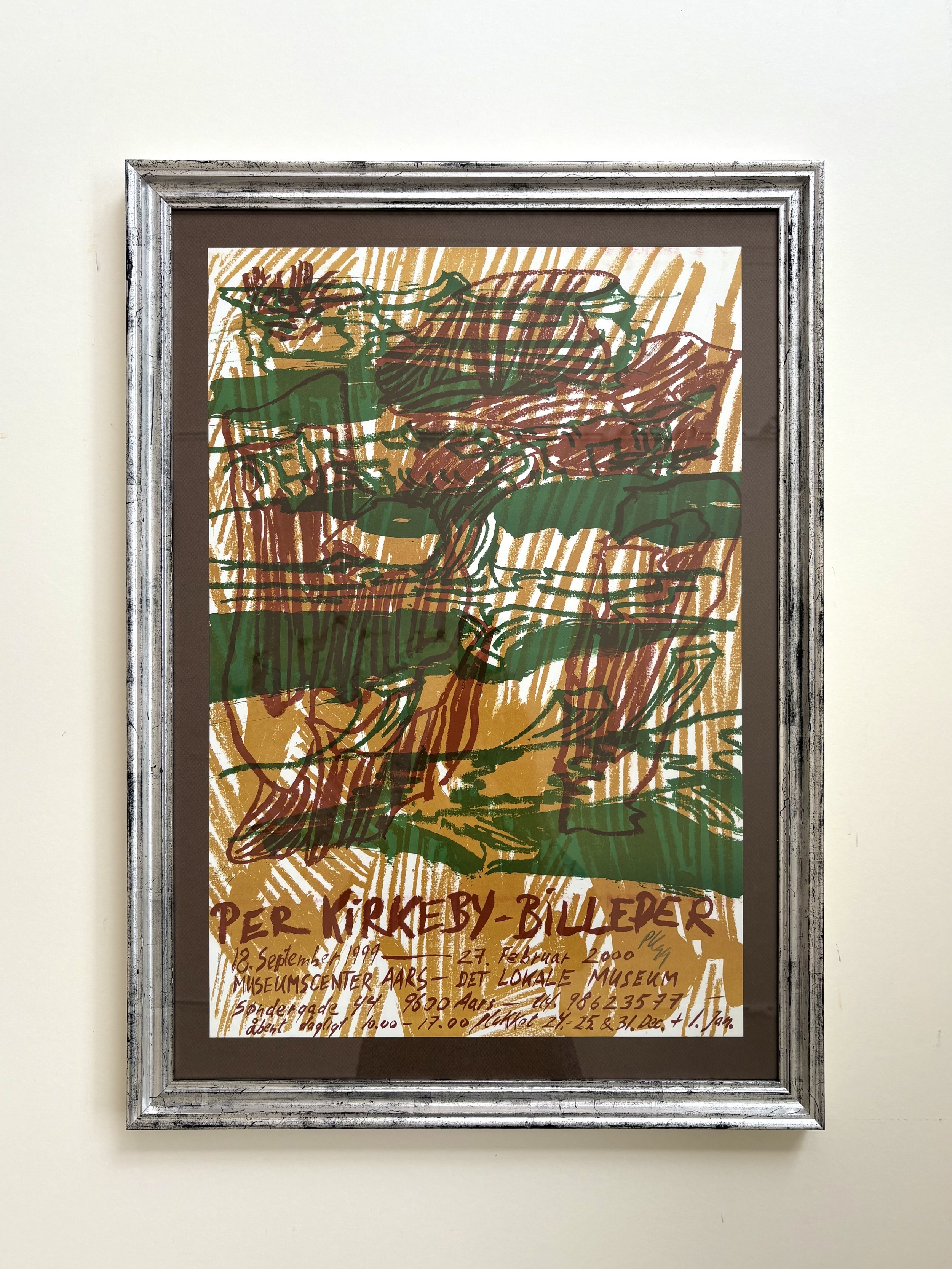 Original lithographic signed poster with art by Per Kirkeby for exhibition at Museumscenter Aars in 1999, with hand silvered frame