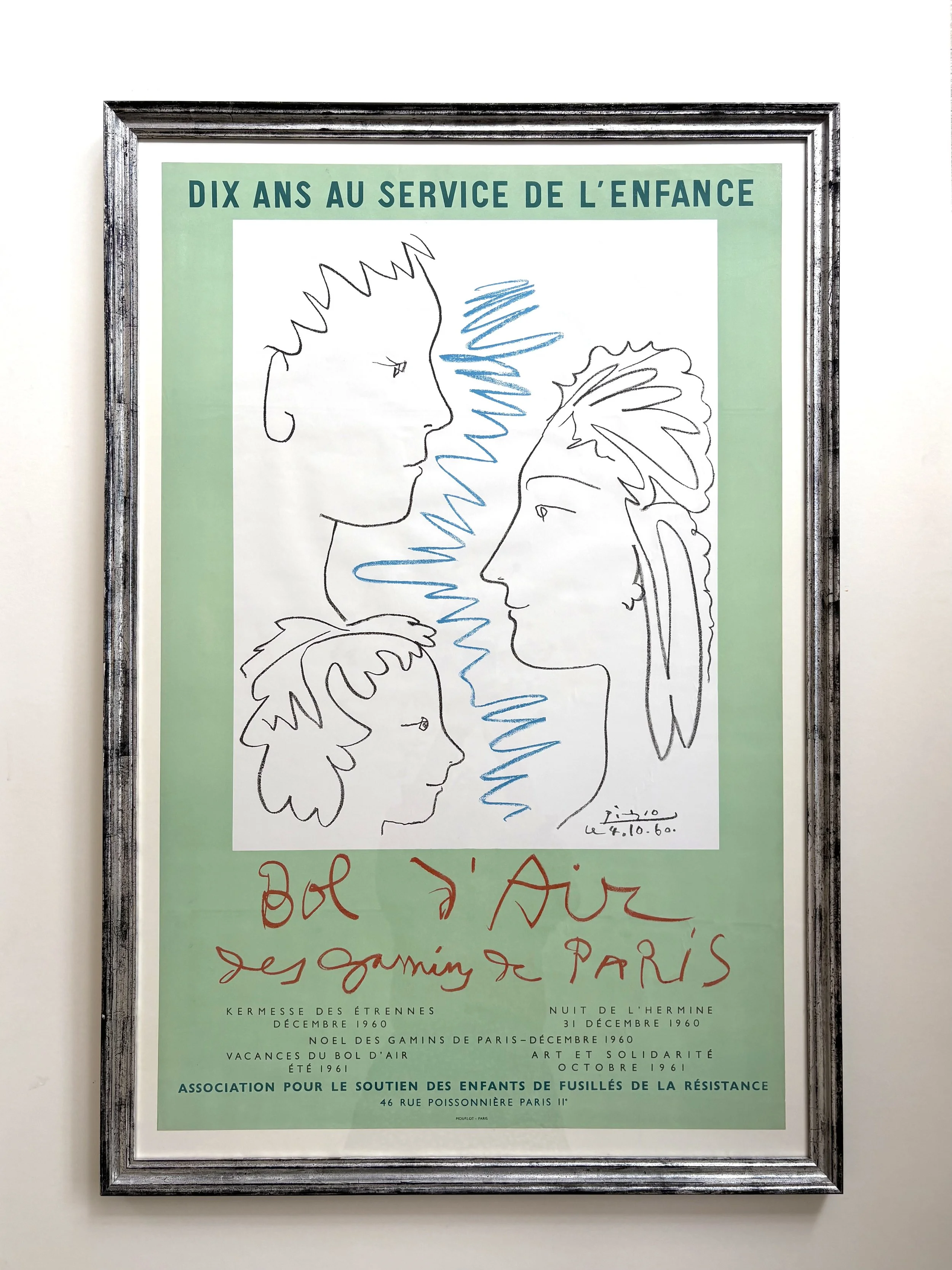 A large original lithographic poster from 1960, with art done by Picasso, with a hand silvered frame