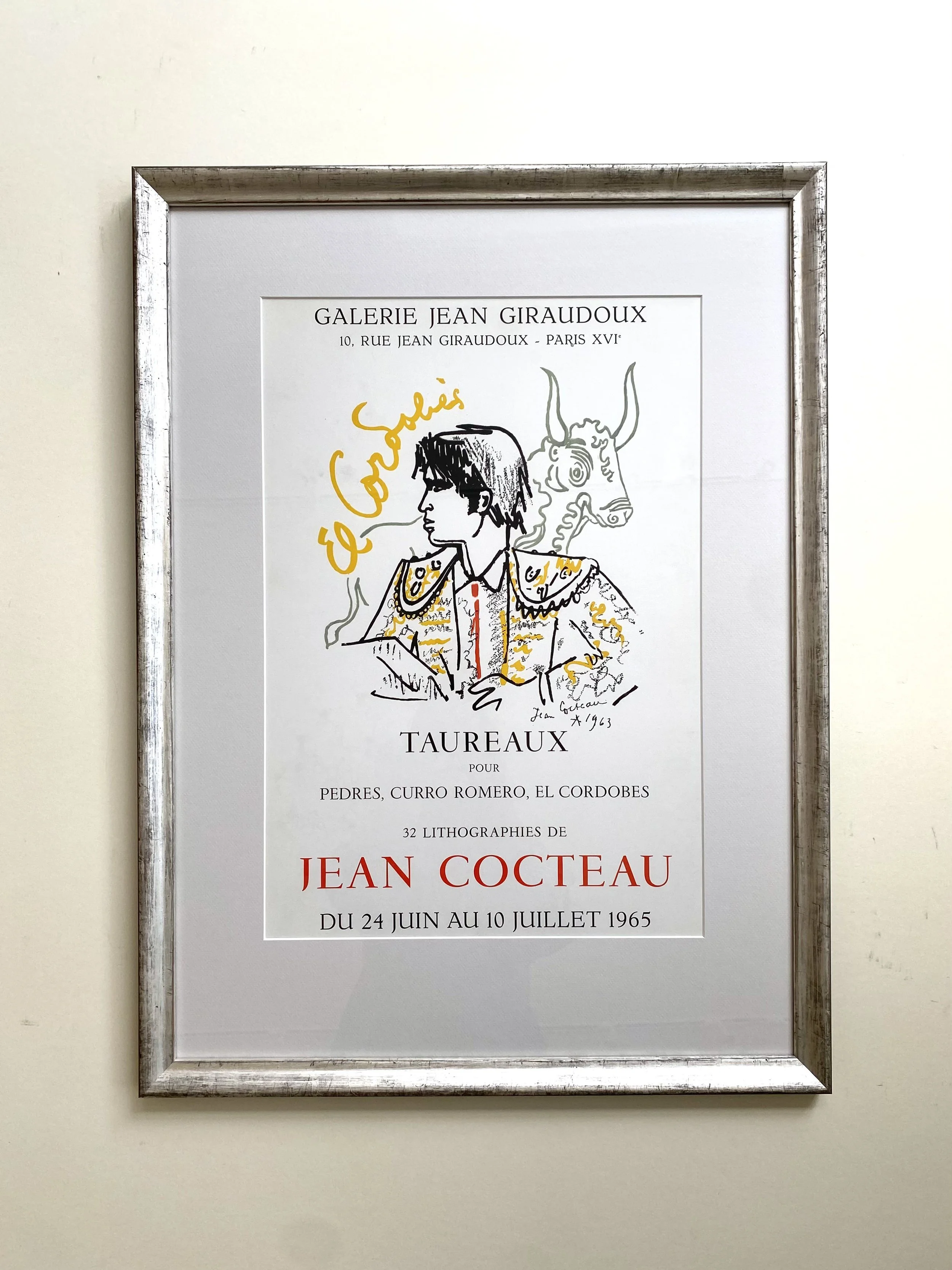 Lithographic poster with art by Jean Cocteau, with hand silvered frame