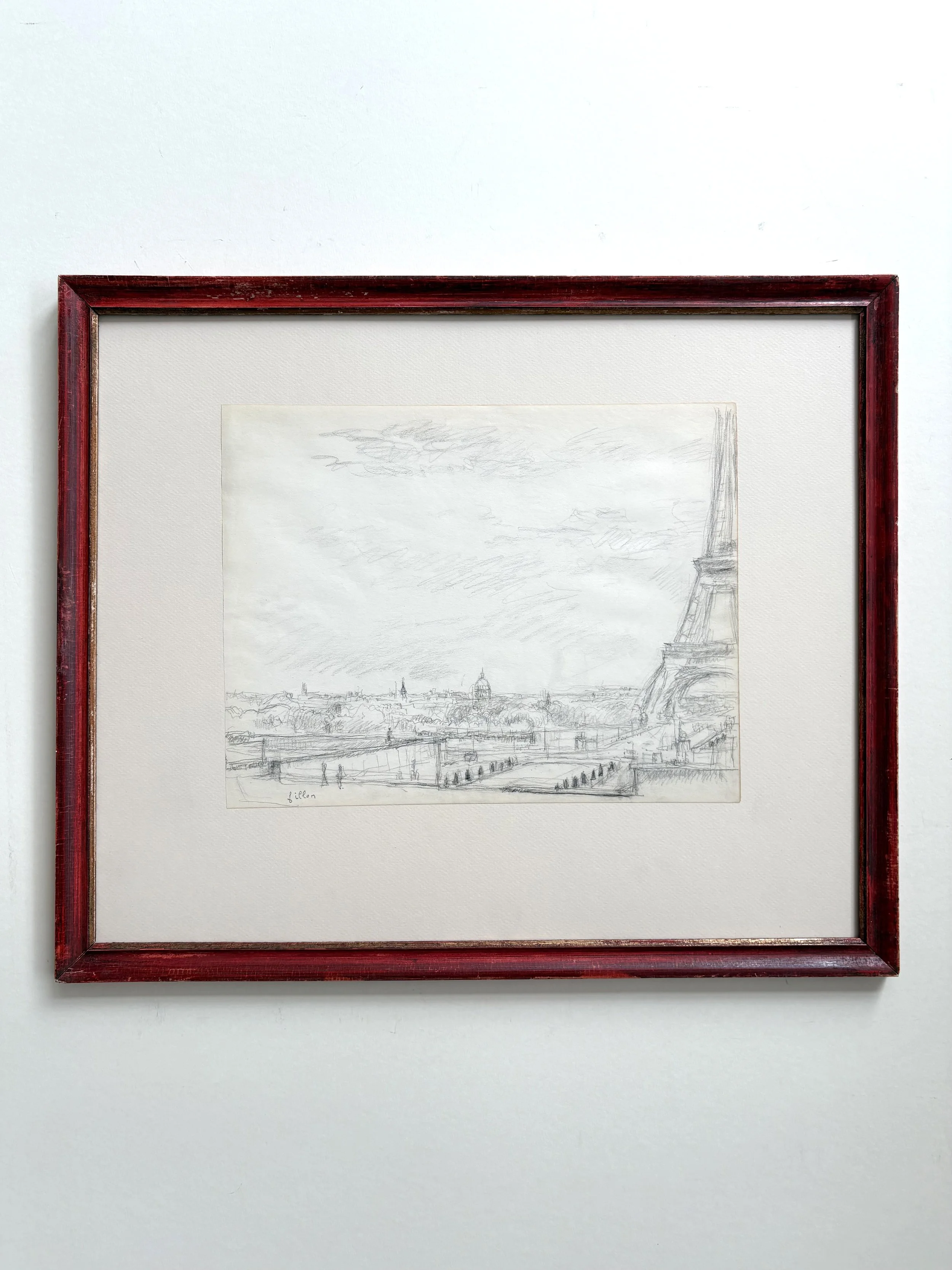 Arthur Fillon drawing with pencil, with antique red frame