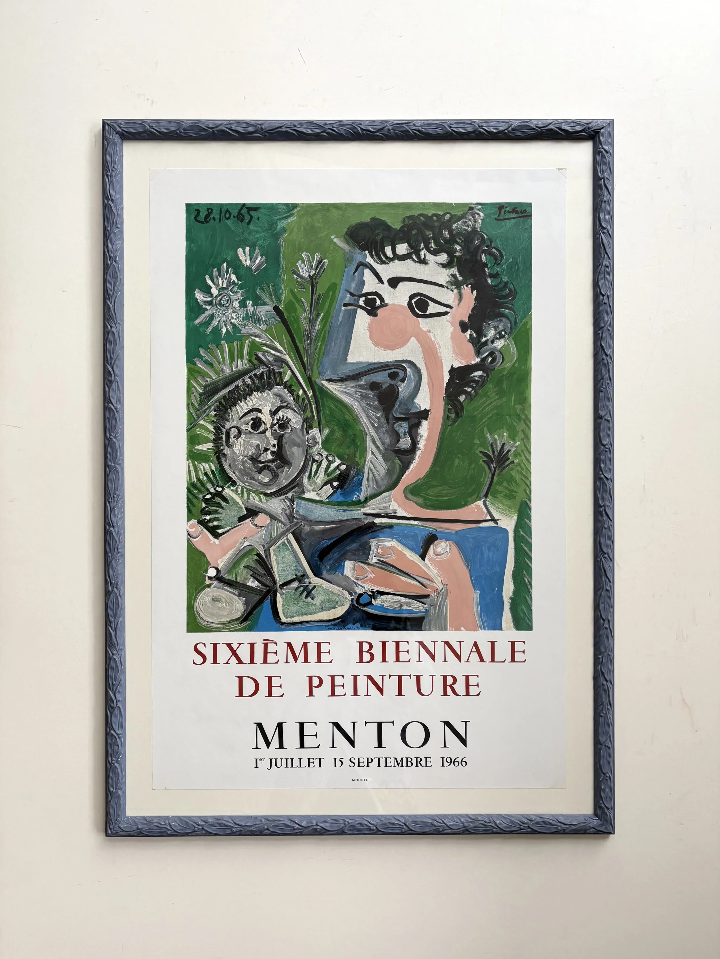 Pablo Picasso, original lithographic poster from 1966, with hand painted frame