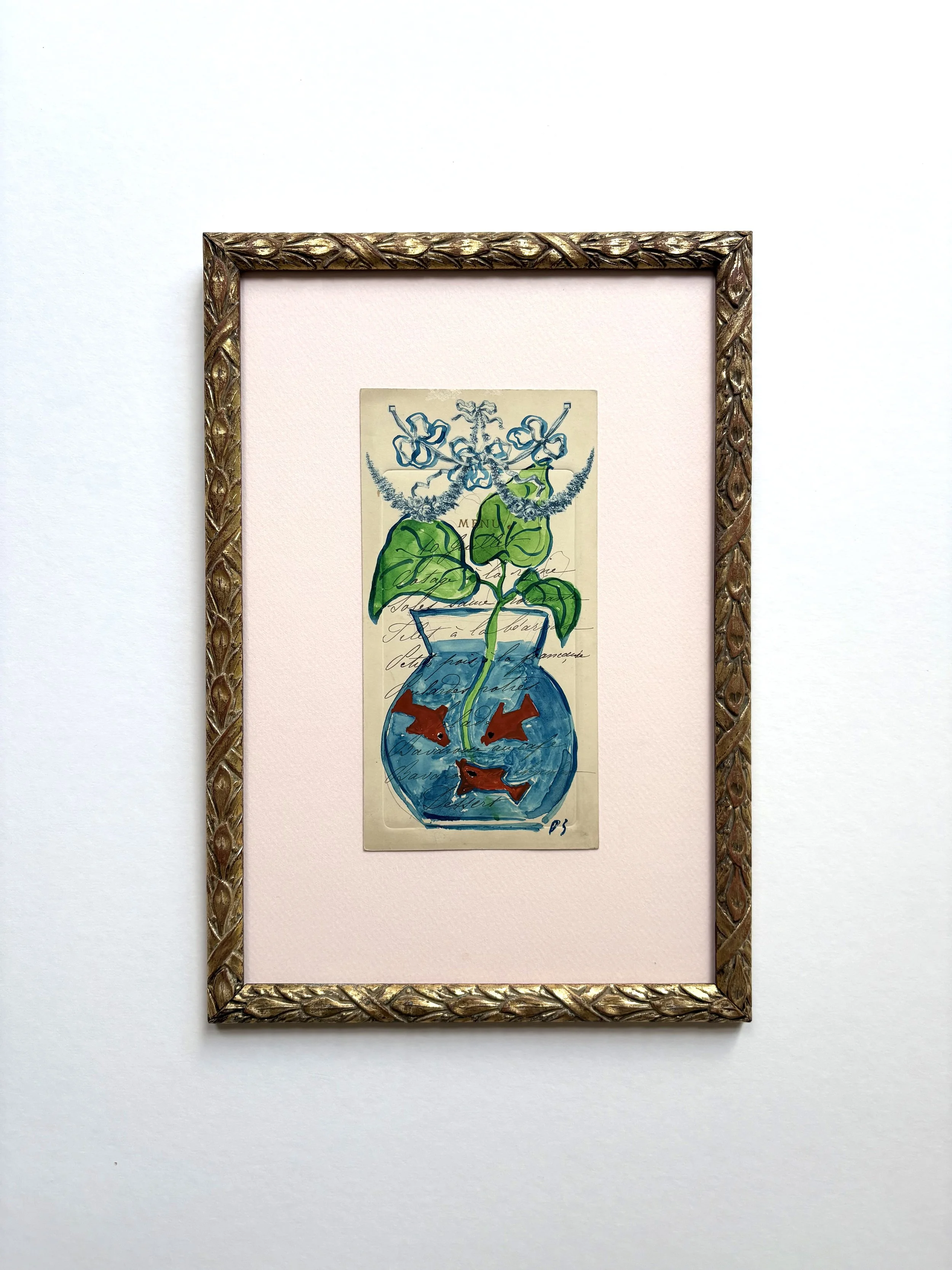 Unique tempera drawing by Pylle Søndergaard, with antique french golden  frame