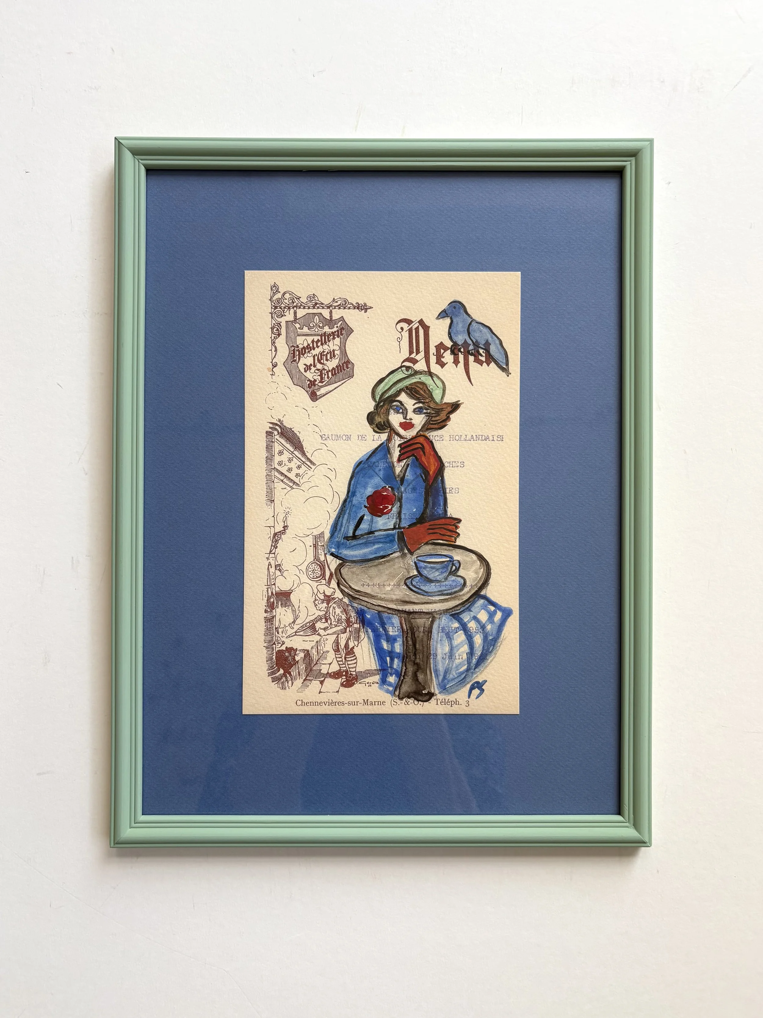 Pylle Søndergaard, giclee print of original drawing with watercolor, in hand painted frame