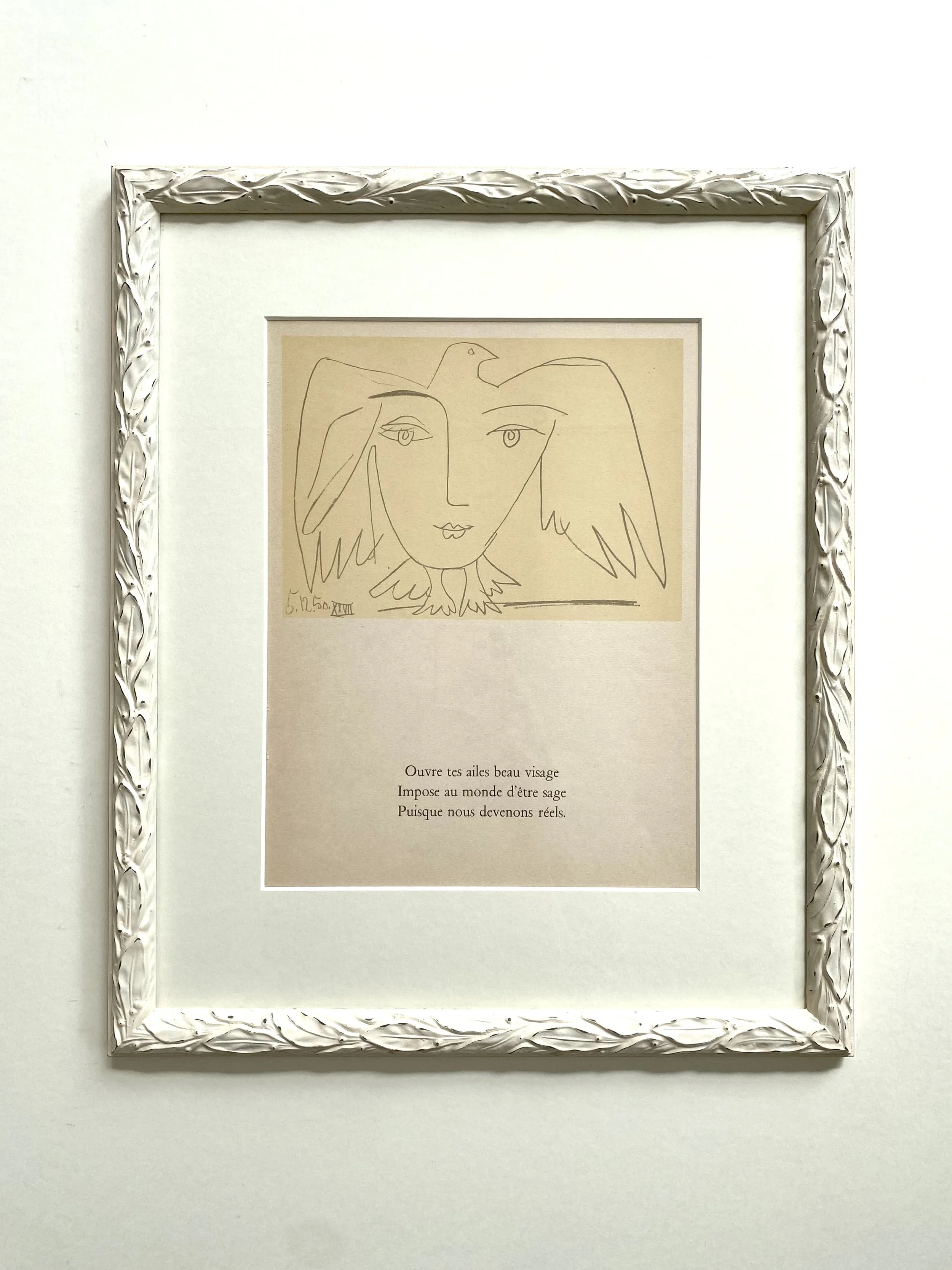 Pablo Picasso, original lithographic illustration from 1951, with hand painted frame