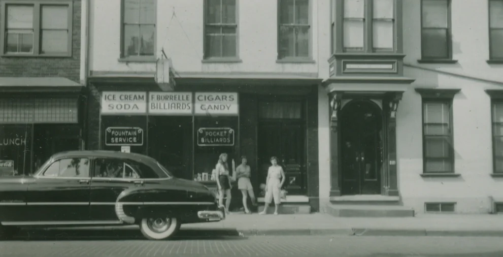 The pool hall in its heyday. The woman on the right is my mother, Rachel Borrelle Sheffer. 