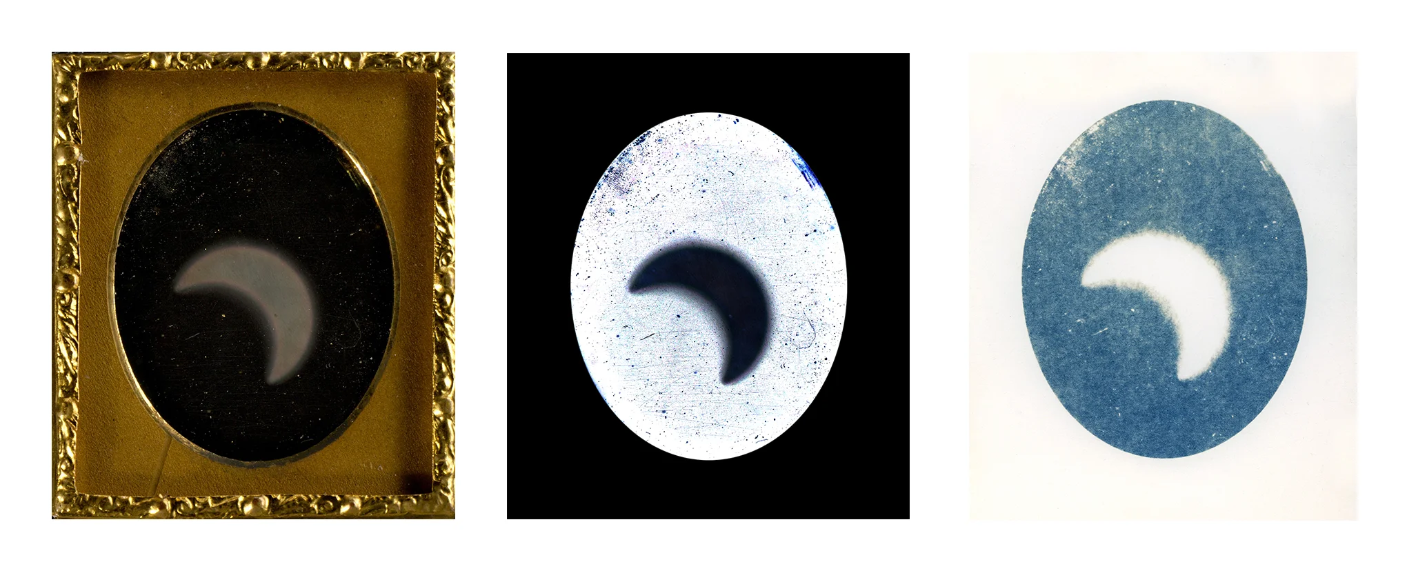 The progress of the process - from daguerrotype to paper negative to cyanotype.