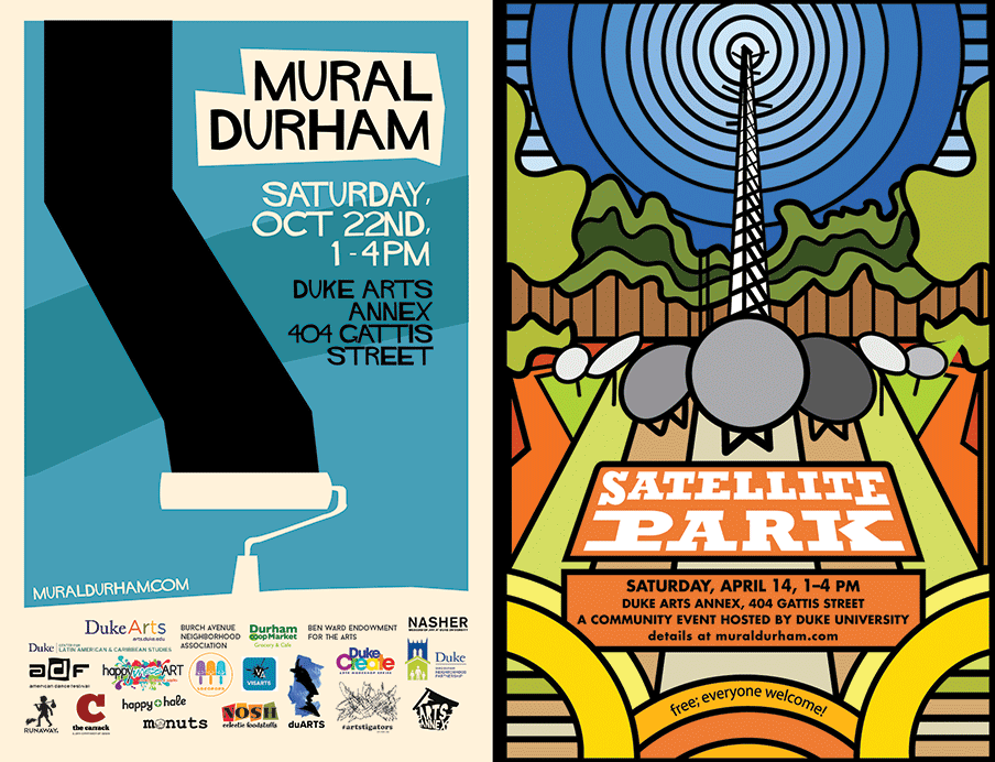 Past Mural Durham festival posters by Duke students Dorothy Feng (T ‘18) and Adair Jones (T ‘19).