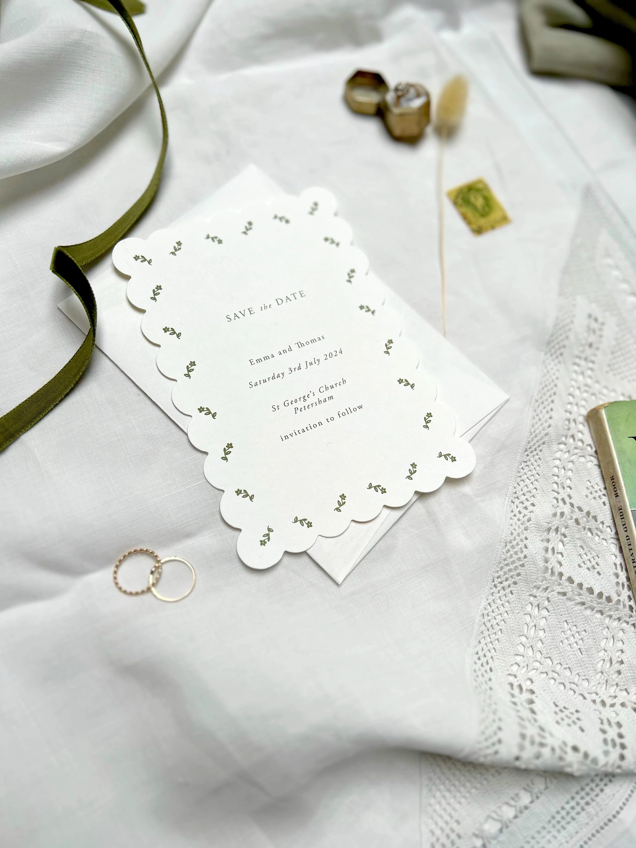 Letterpress Scallop Simple Green and White Floral Save The Date Card UK