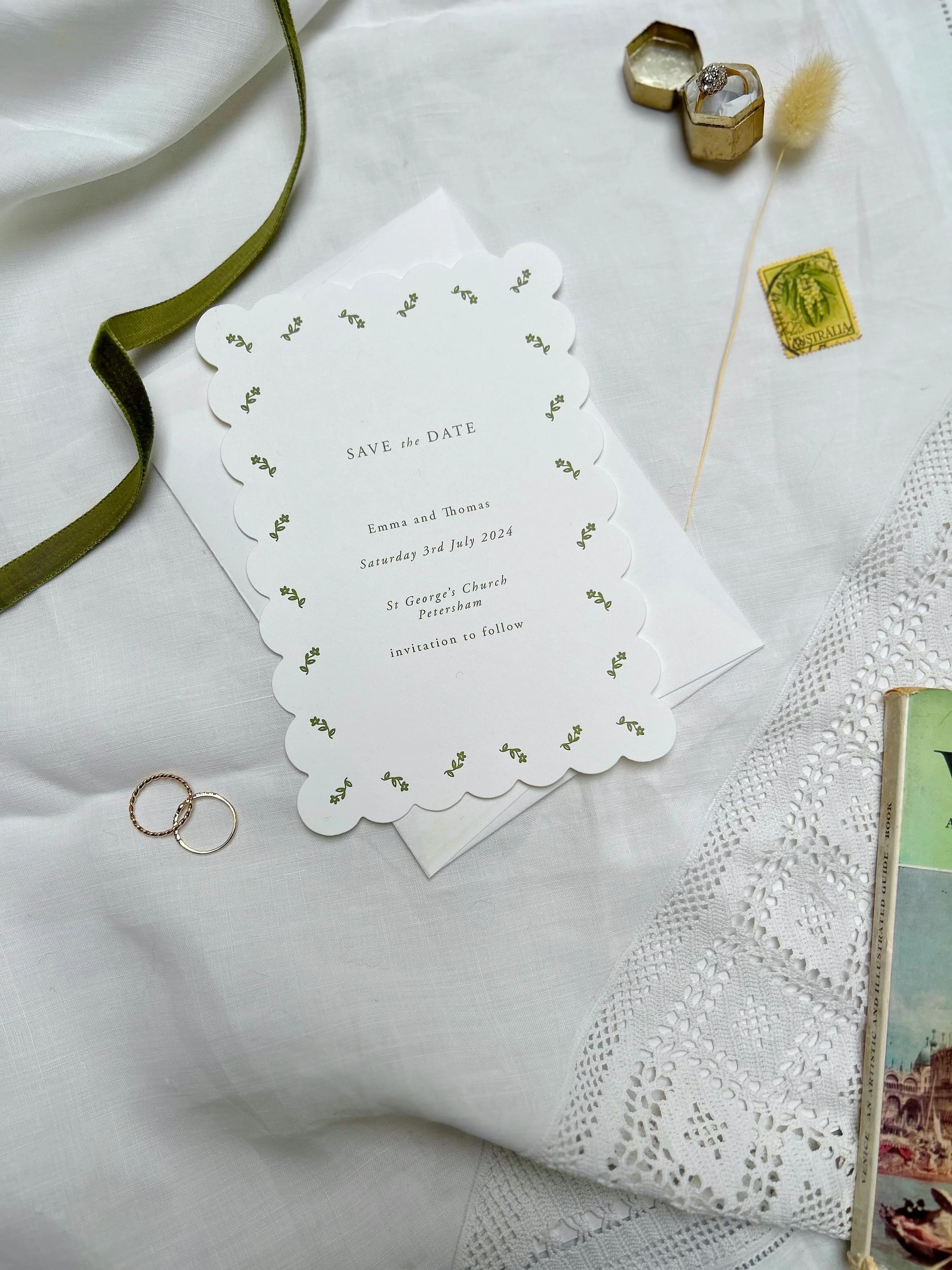 Letterpress Scallop Simple Green and White Floral Save The Date Card UK