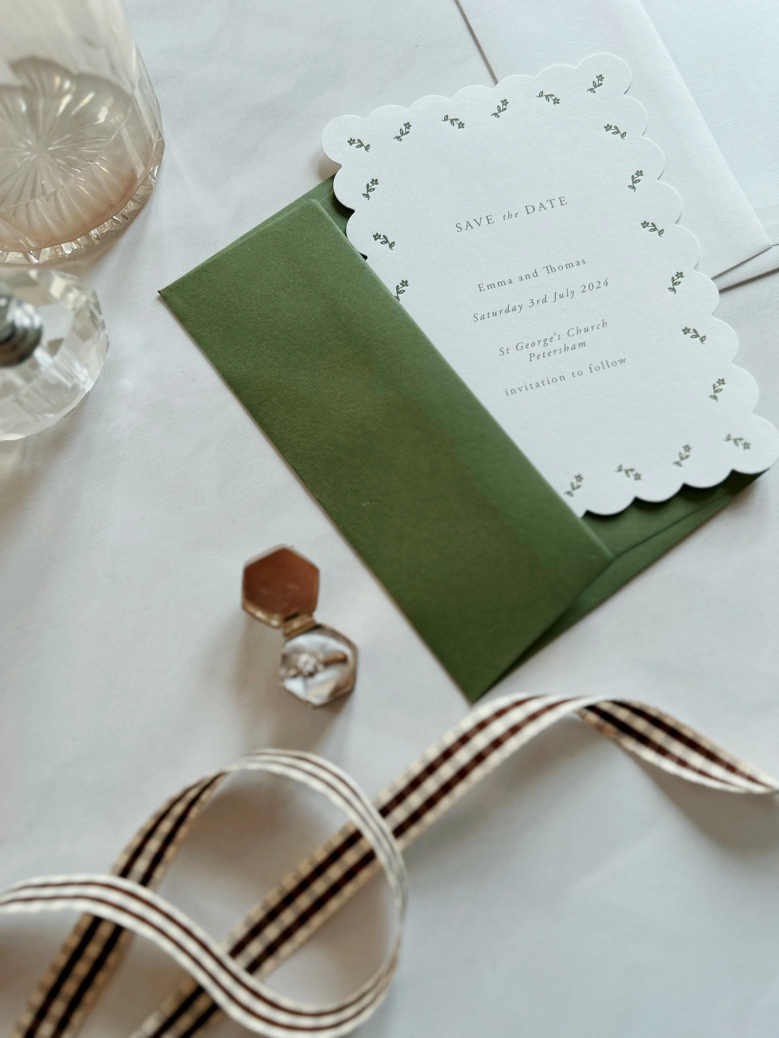 Letterpress Scallop Simple Green and White Floral Save The Date Card UK