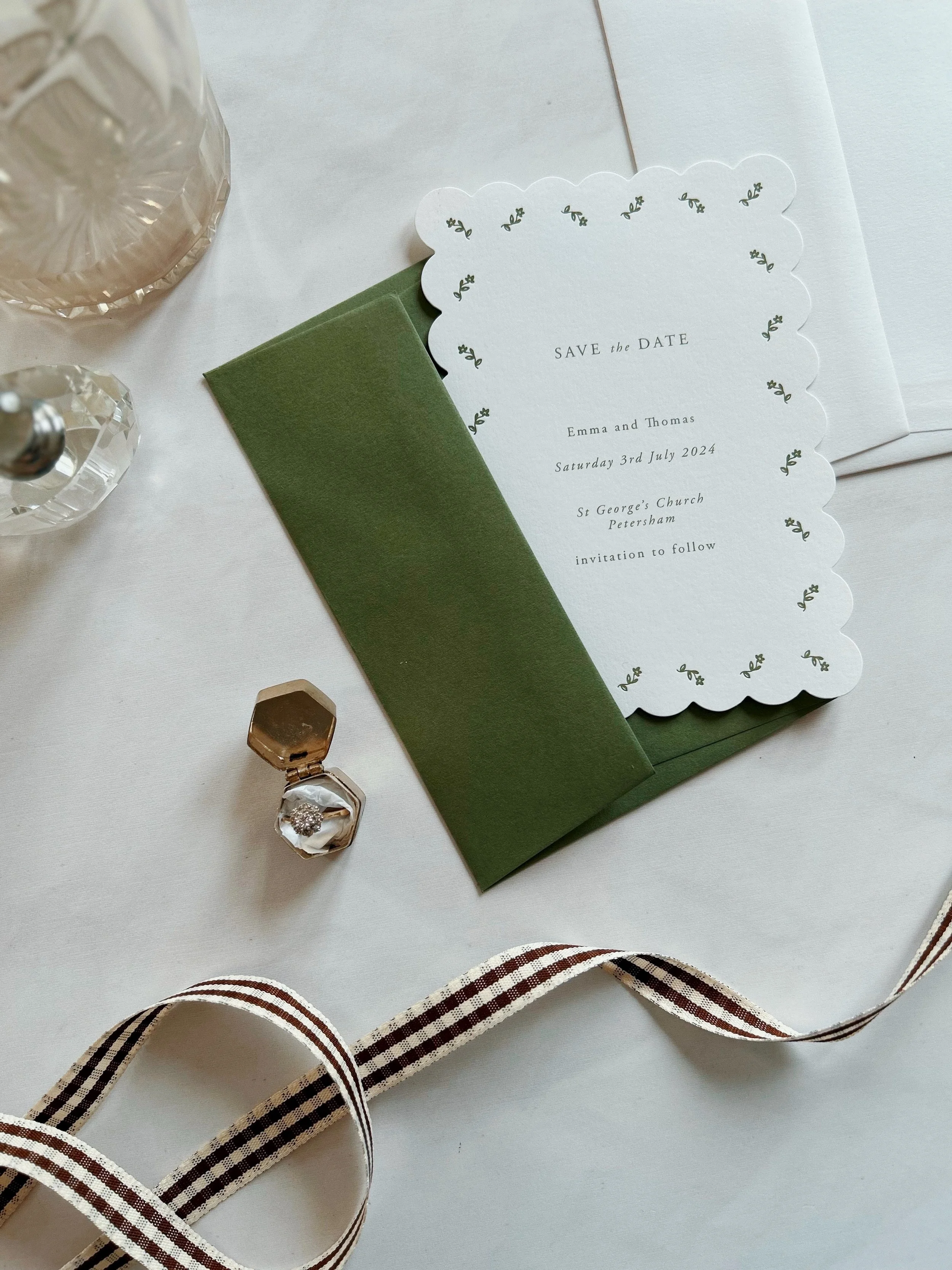Letterpress Scallop Simple Green and White Floral Save The Date Card UK