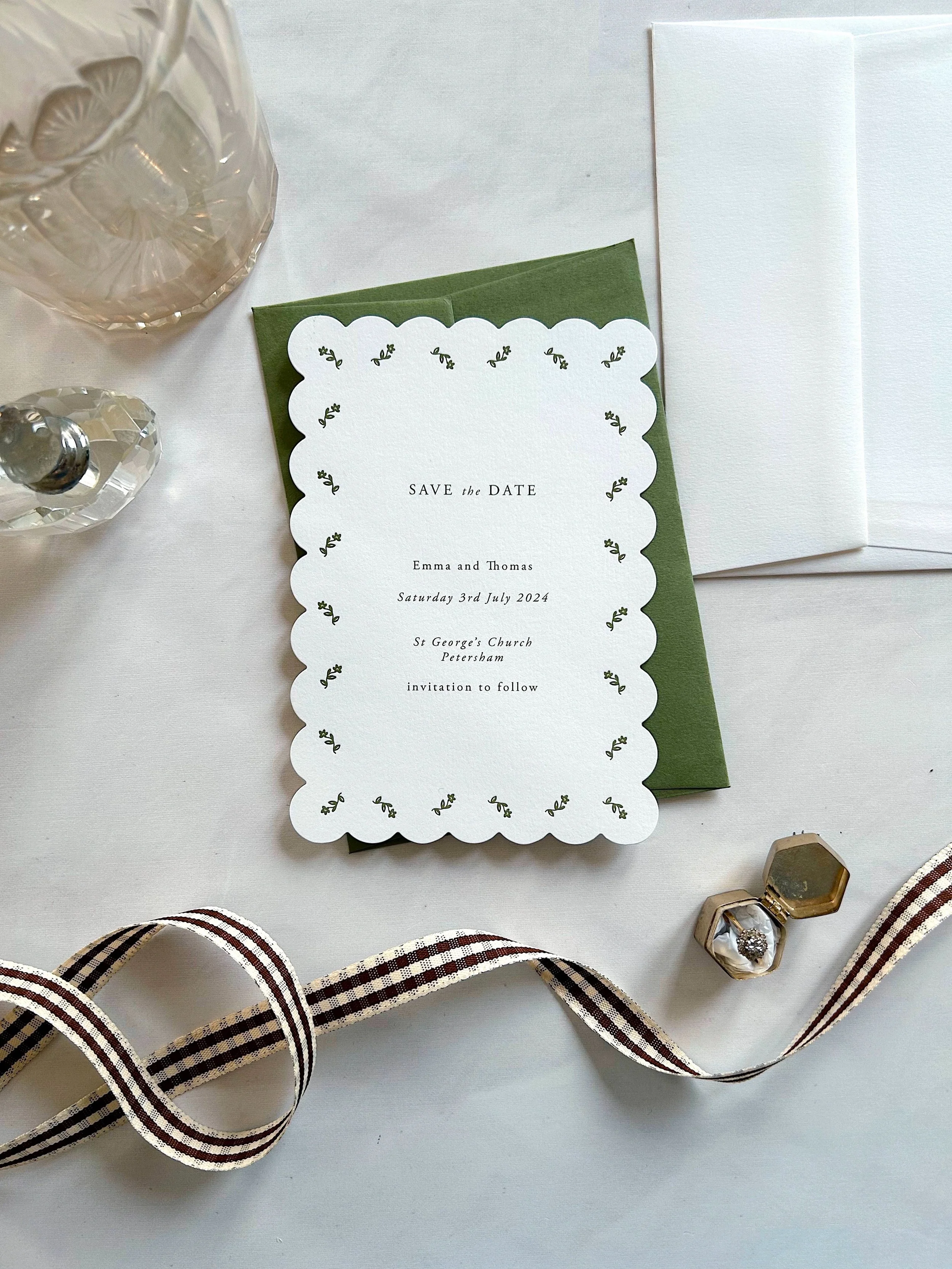 Luxury Letterpress Scallop Simple Green and White Floral Save The Date Card