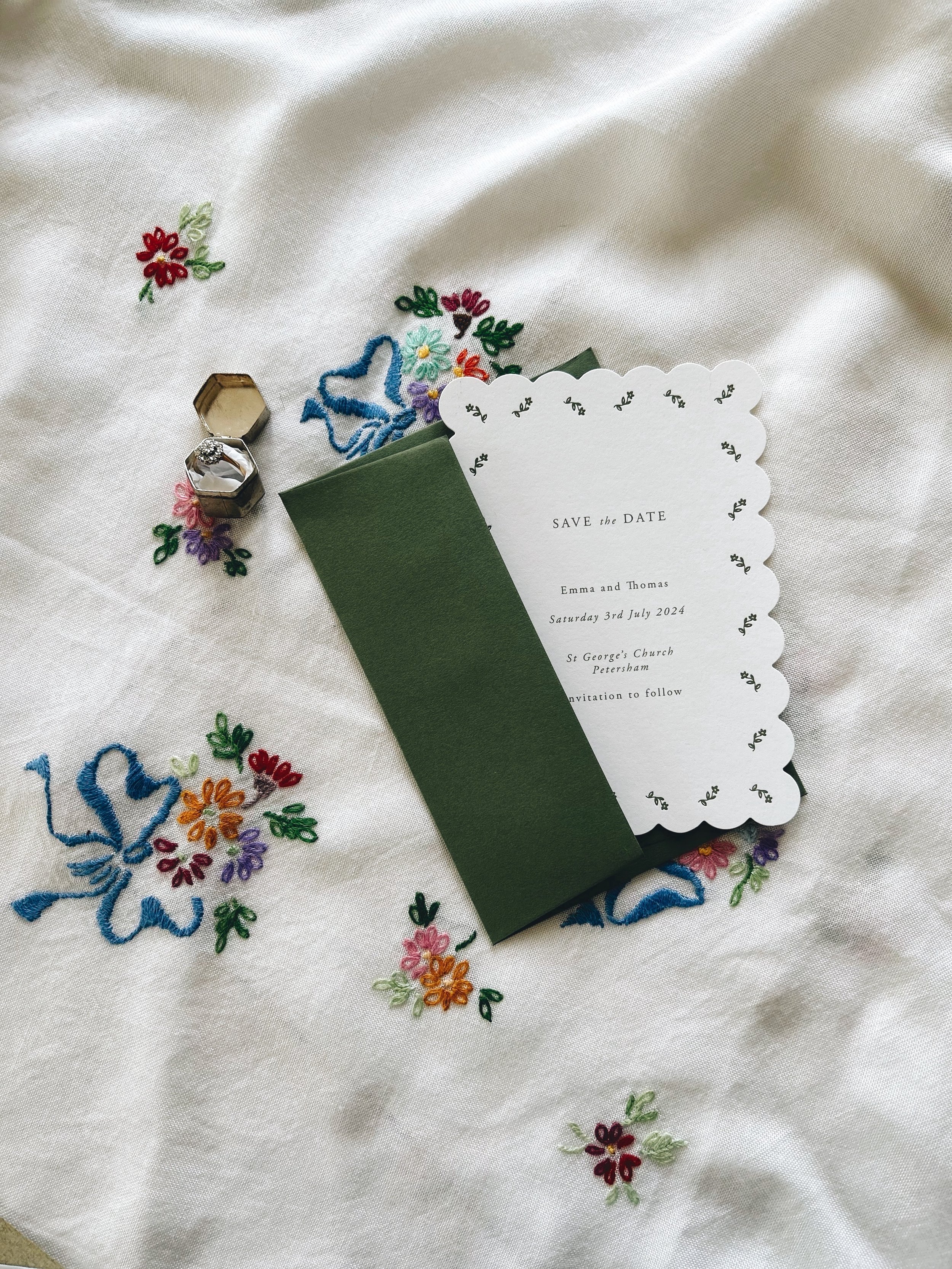 Letterpress Scallop Simple Green and White Floral Save The Date Card UK