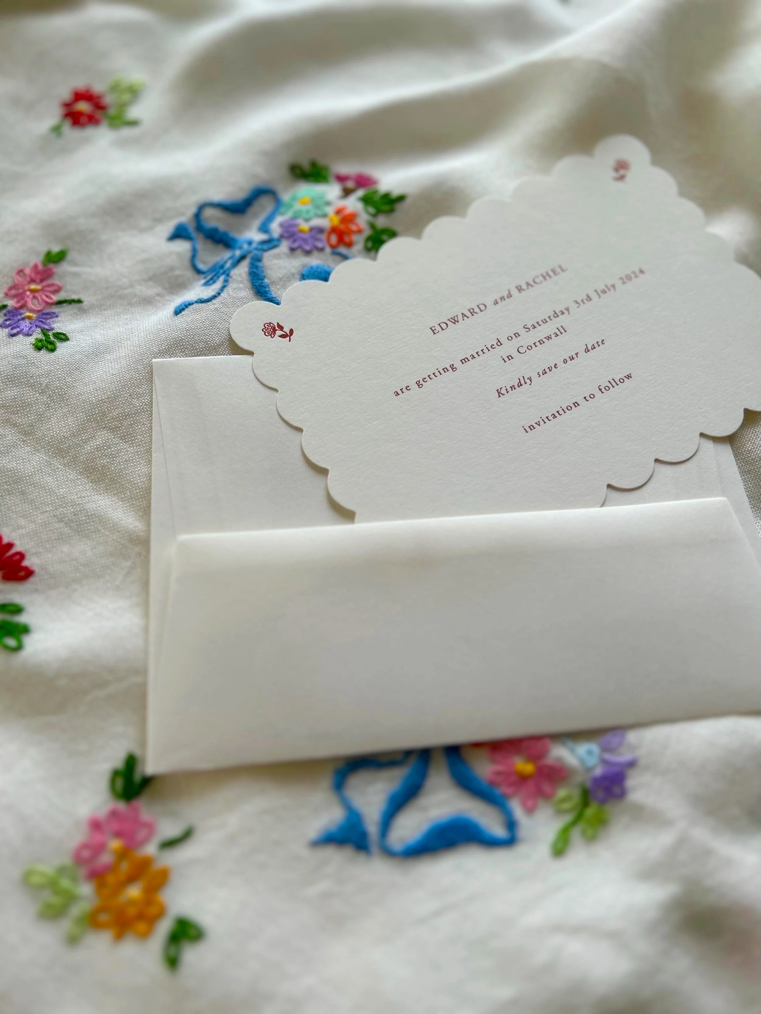 Letterpress Scallop Simple Red and White French Country Folk Floral Save The Date Card UK