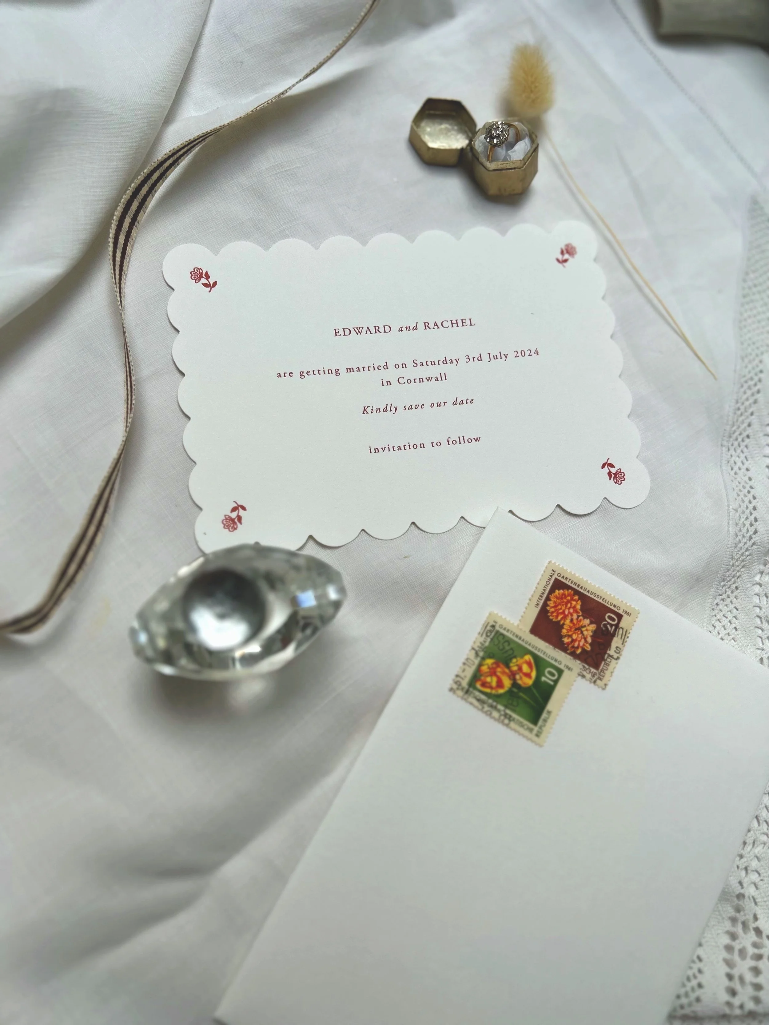 Letterpress Scallop Simple Pretty Red and White French Provincial Floral Folk Save The Date Card UK