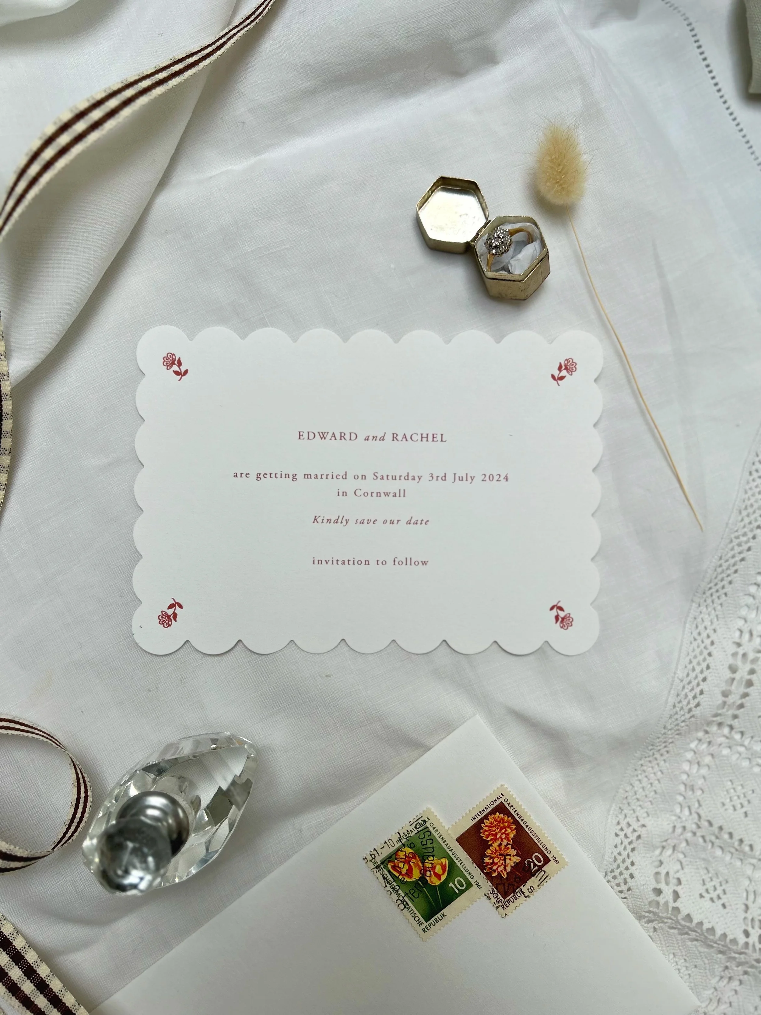 Letterpress Scallop Simple Pretty Red and White French Provincial Floral Folk Save The Date Card UK