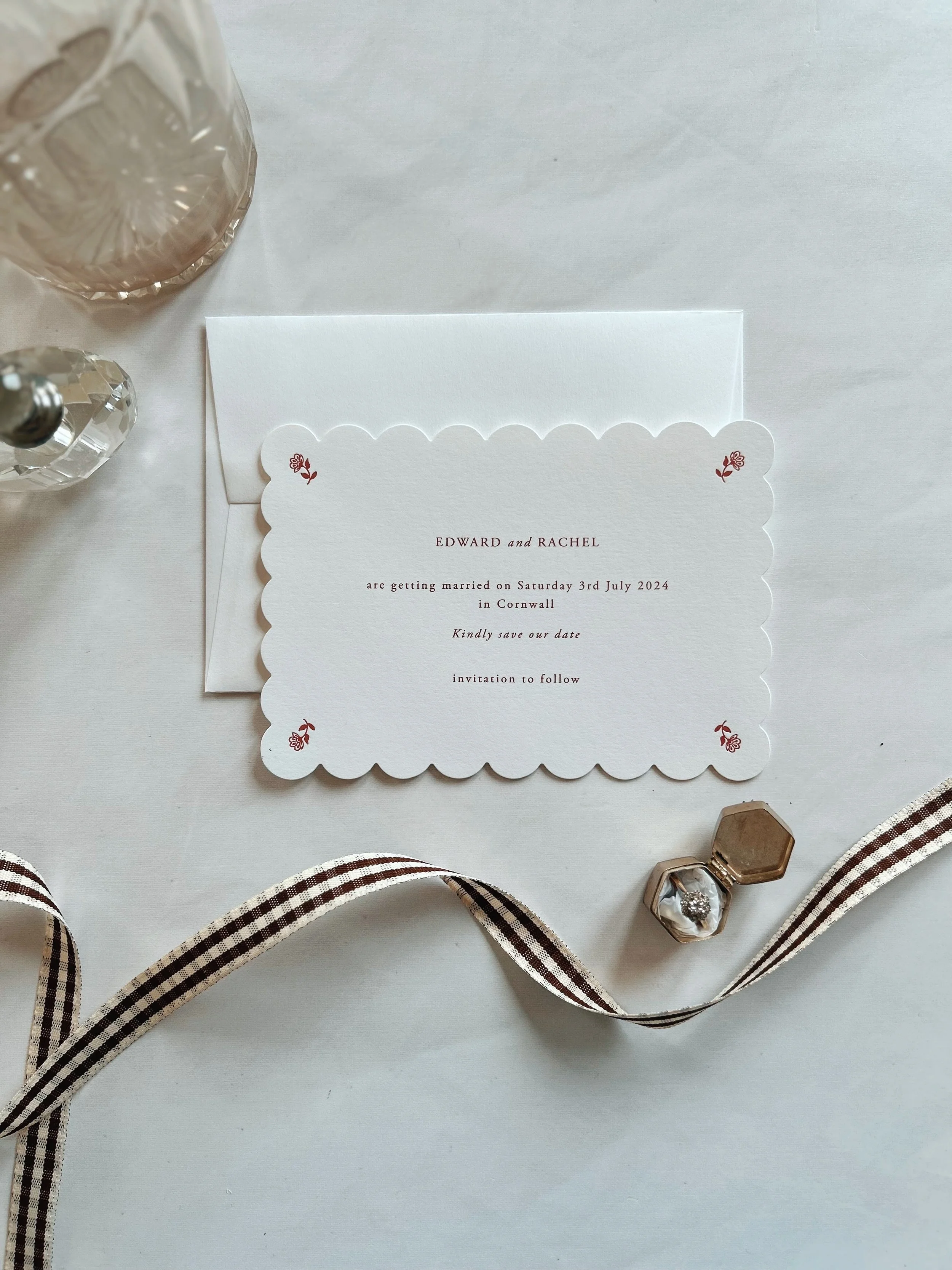 Letterpress Scallop Simple Red and White French Provincial Floral Save The Date Card UK