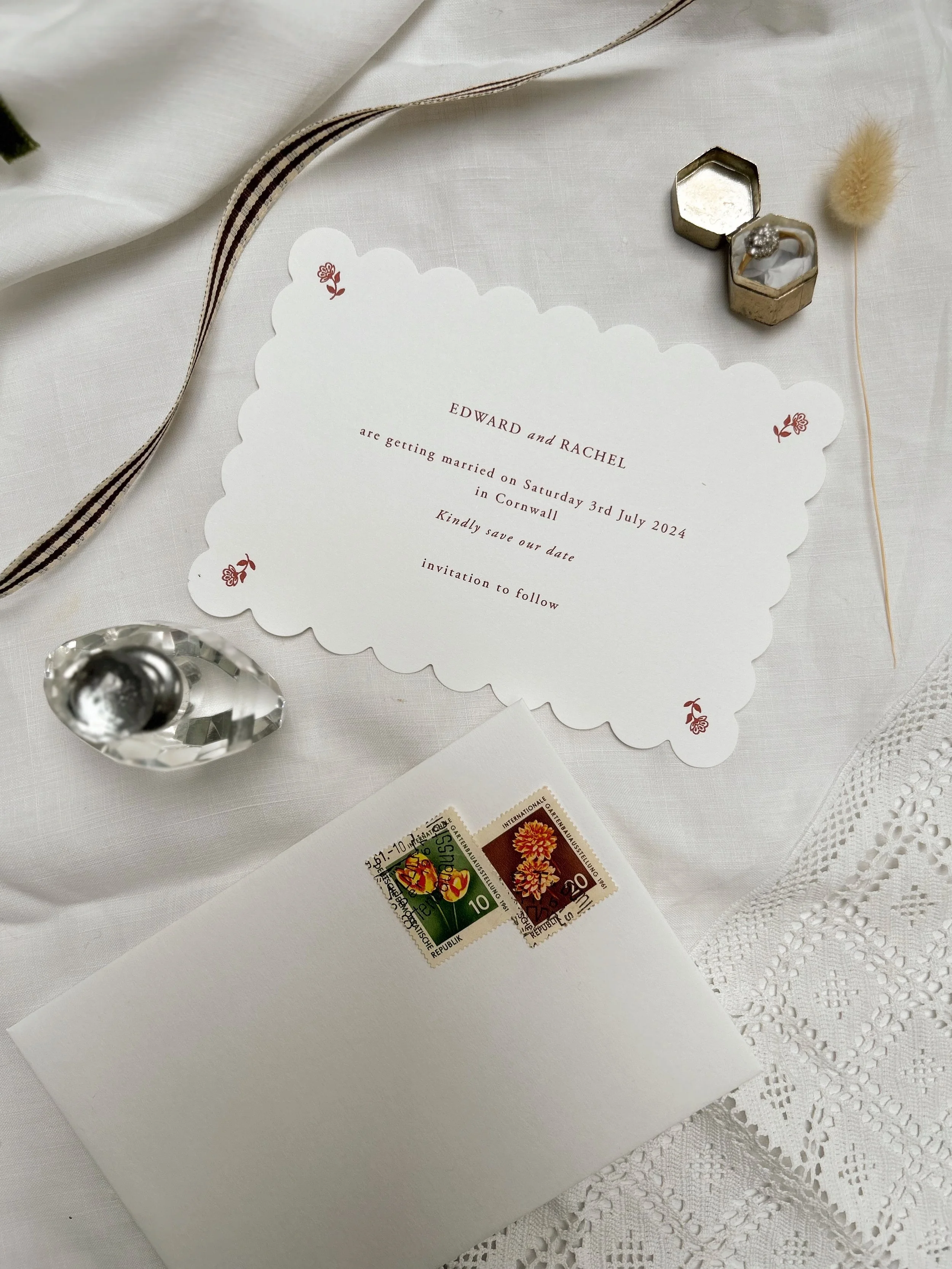 Letterpress Scallop Simple Pretty Red and White French Provincial Floral Folk Save The Date Card UK