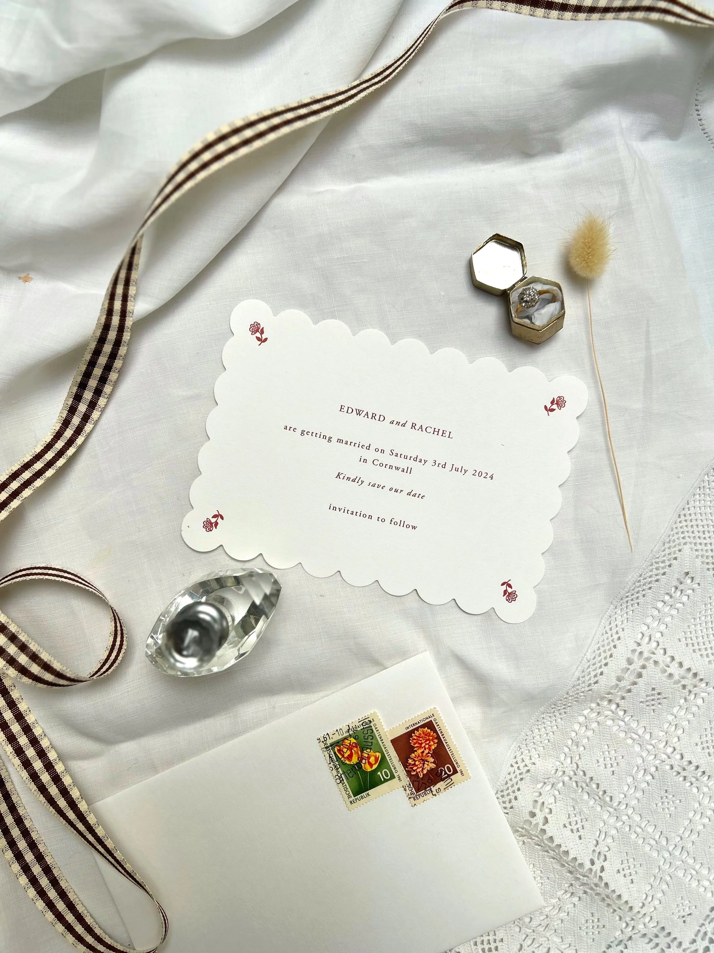 Letterpress Scallop Simple Pretty Red and White French Provincial Floral Folk Save The Date Card UK