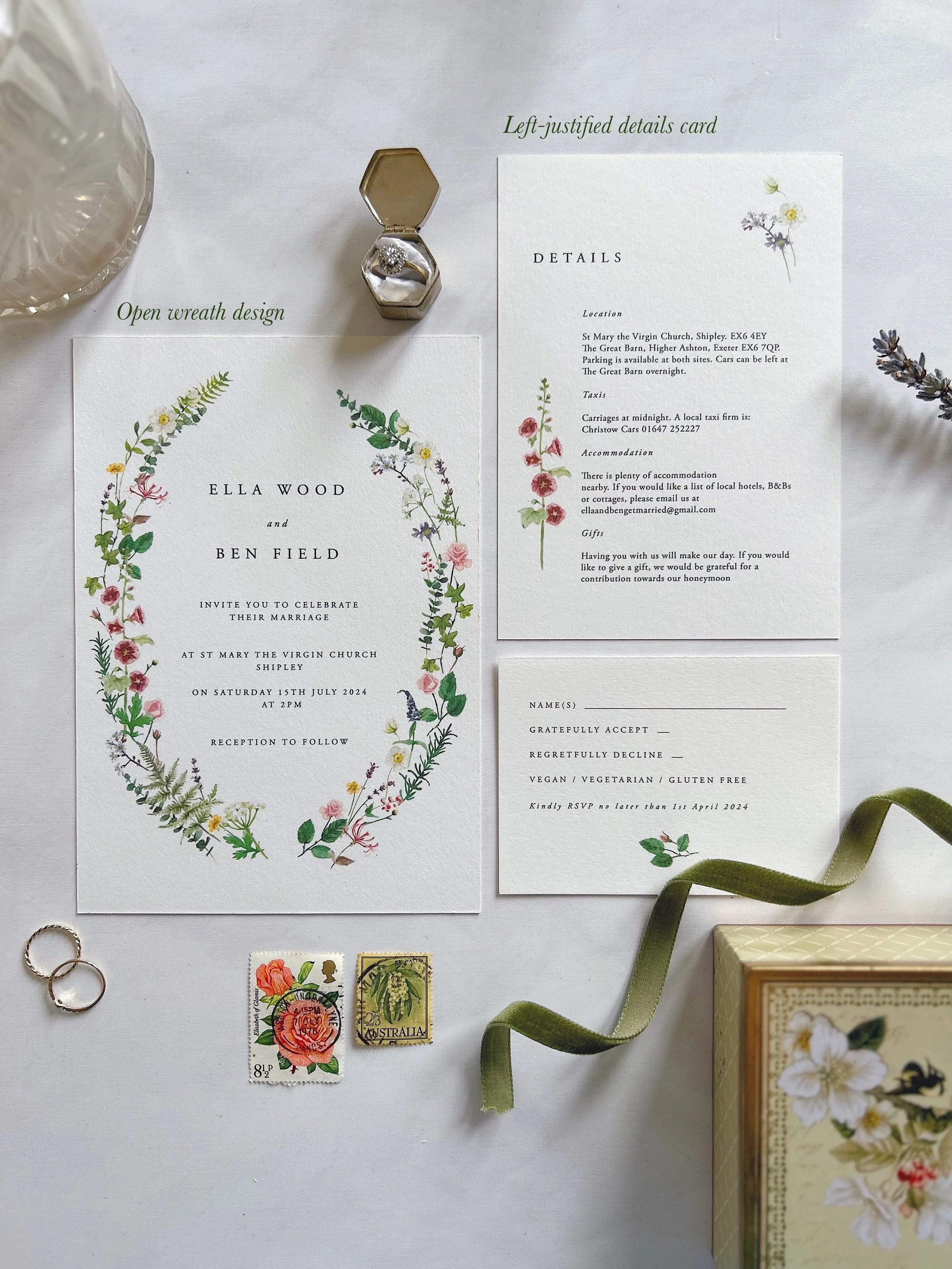 English Garden Floral Illustrated Cottage Core Luxury Wedding Invitation Suite UK