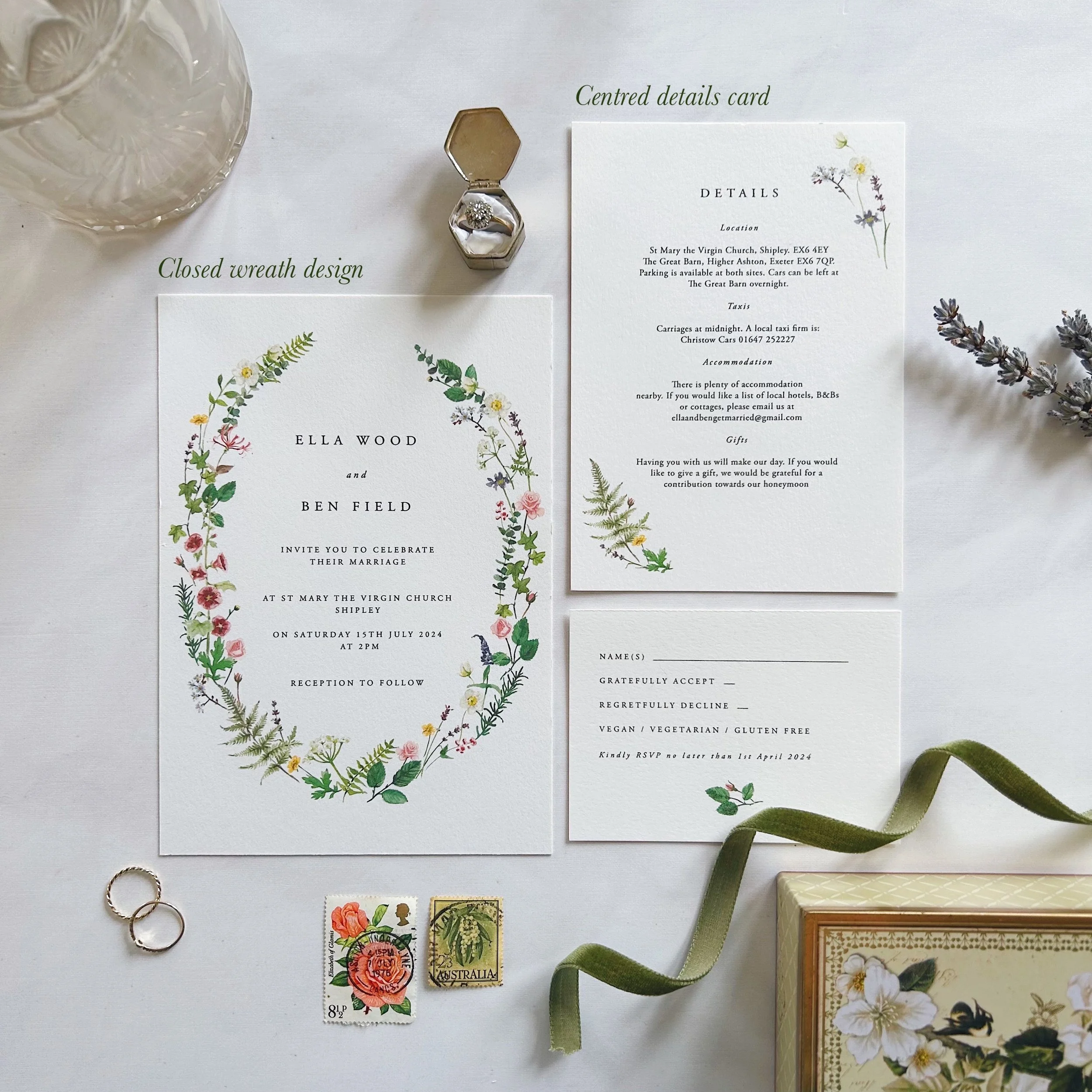 English Garden Floral Illustrated Cottage Core Luxury Wedding Invitation Suite UK