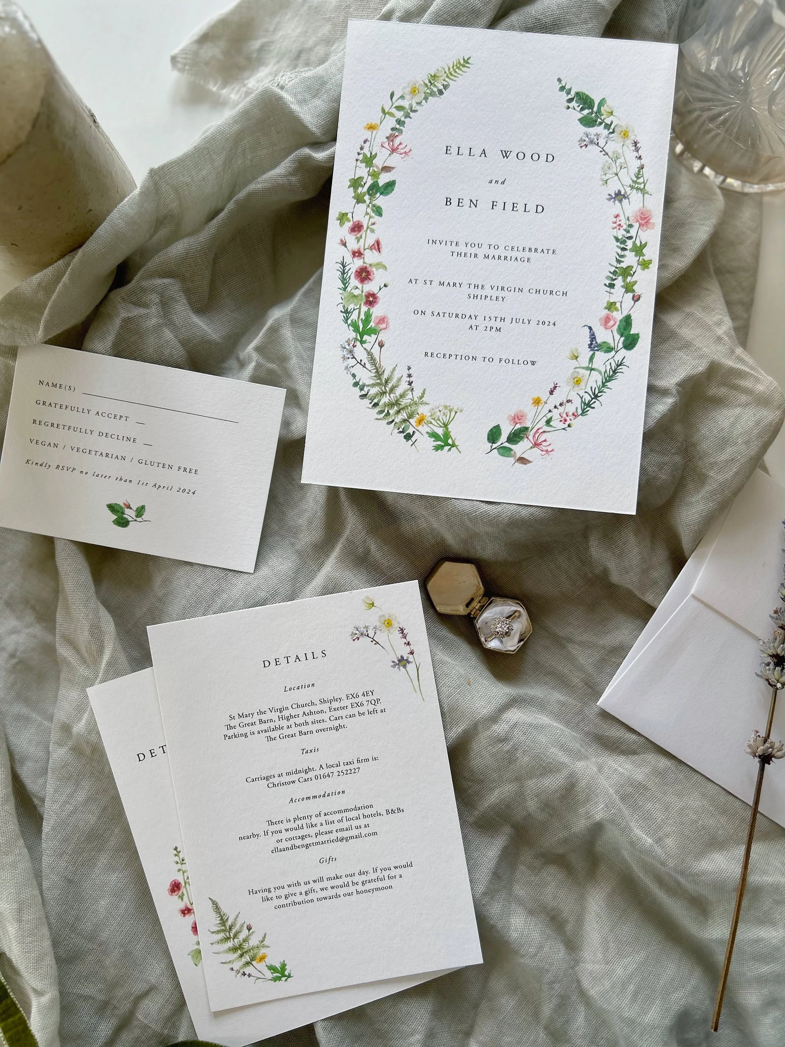 English Garden Floral Illustrated Cottage Core Luxury Wedding Invitation Suite UK