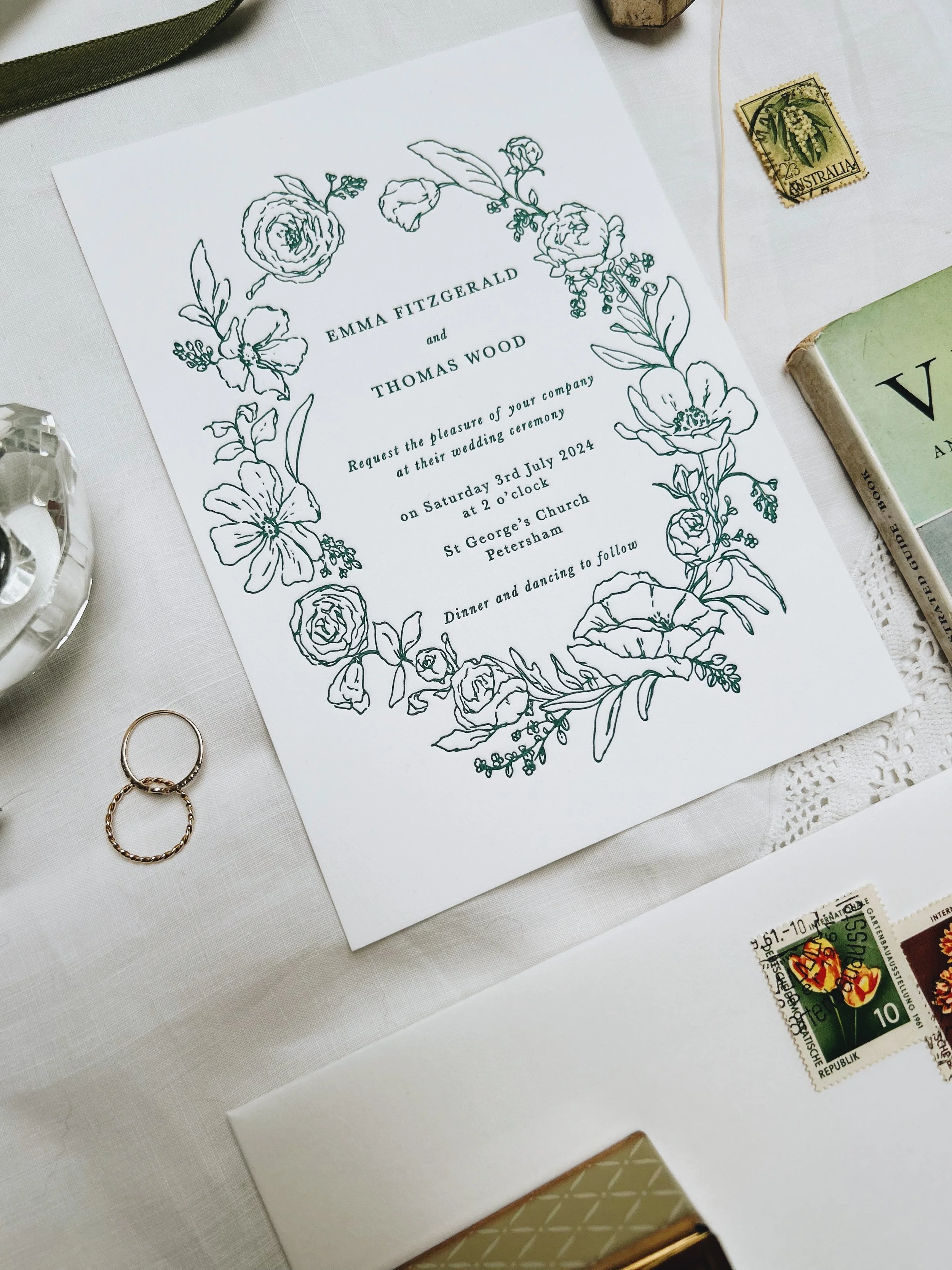 Luxury floral countryside letterpress Wedding Invitation UK