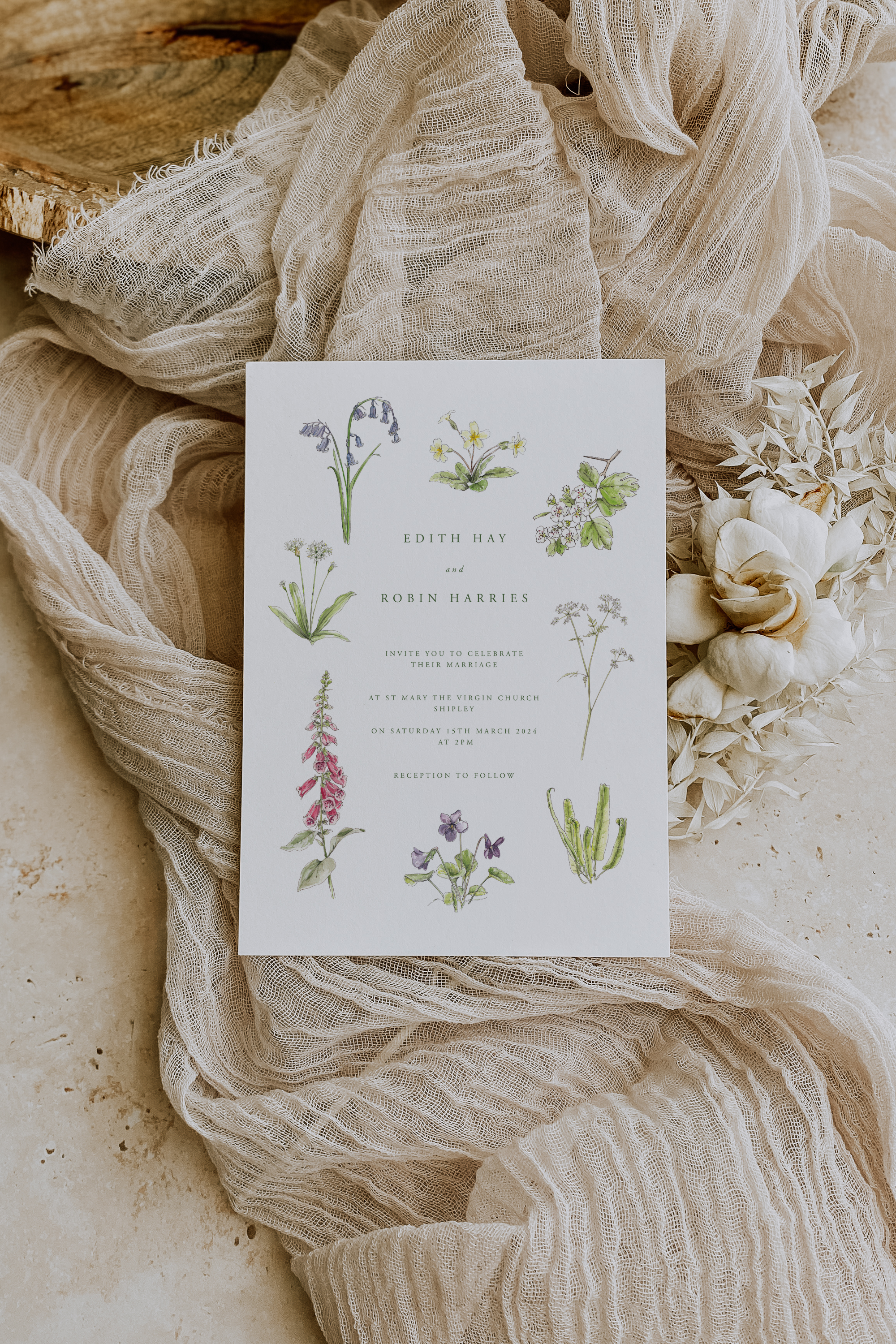 Seasonal Spring British Countryside Floral Watercolour Luxury Wedding Invitation