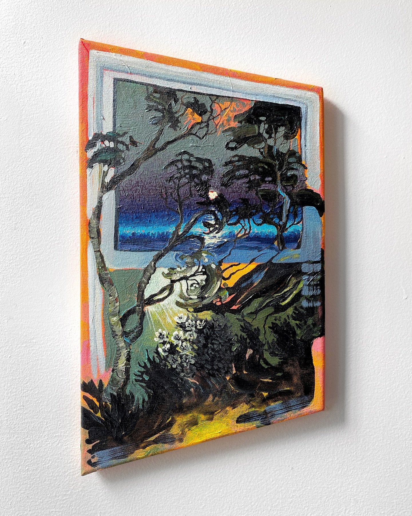 &ldquo;Echoes out/in the House of Dusk&rdquo; acrylic on trapezoid shaped canvas, 2024 ✨ 
🪟
In this painting, I am continuing to explore the boundary between imagination and memory, merging surrealist elements with abstracted landscapes. The vivid o