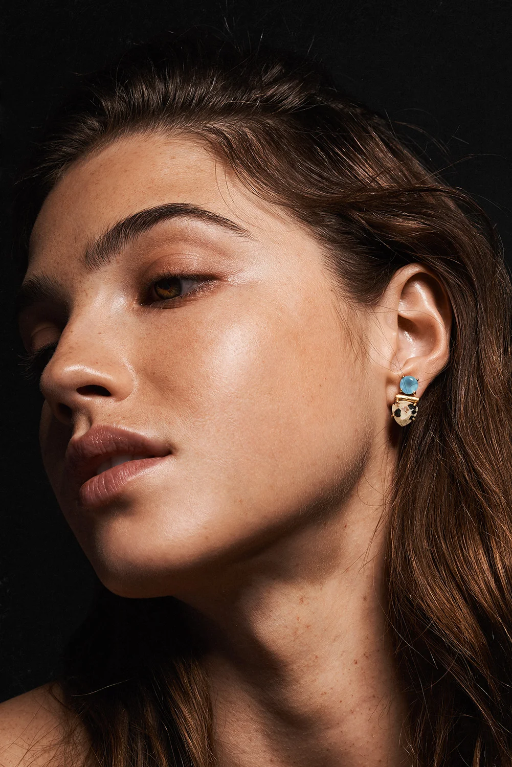 Collage Studs in Dalmatian jasper and blue chalcedony by Sara Golden