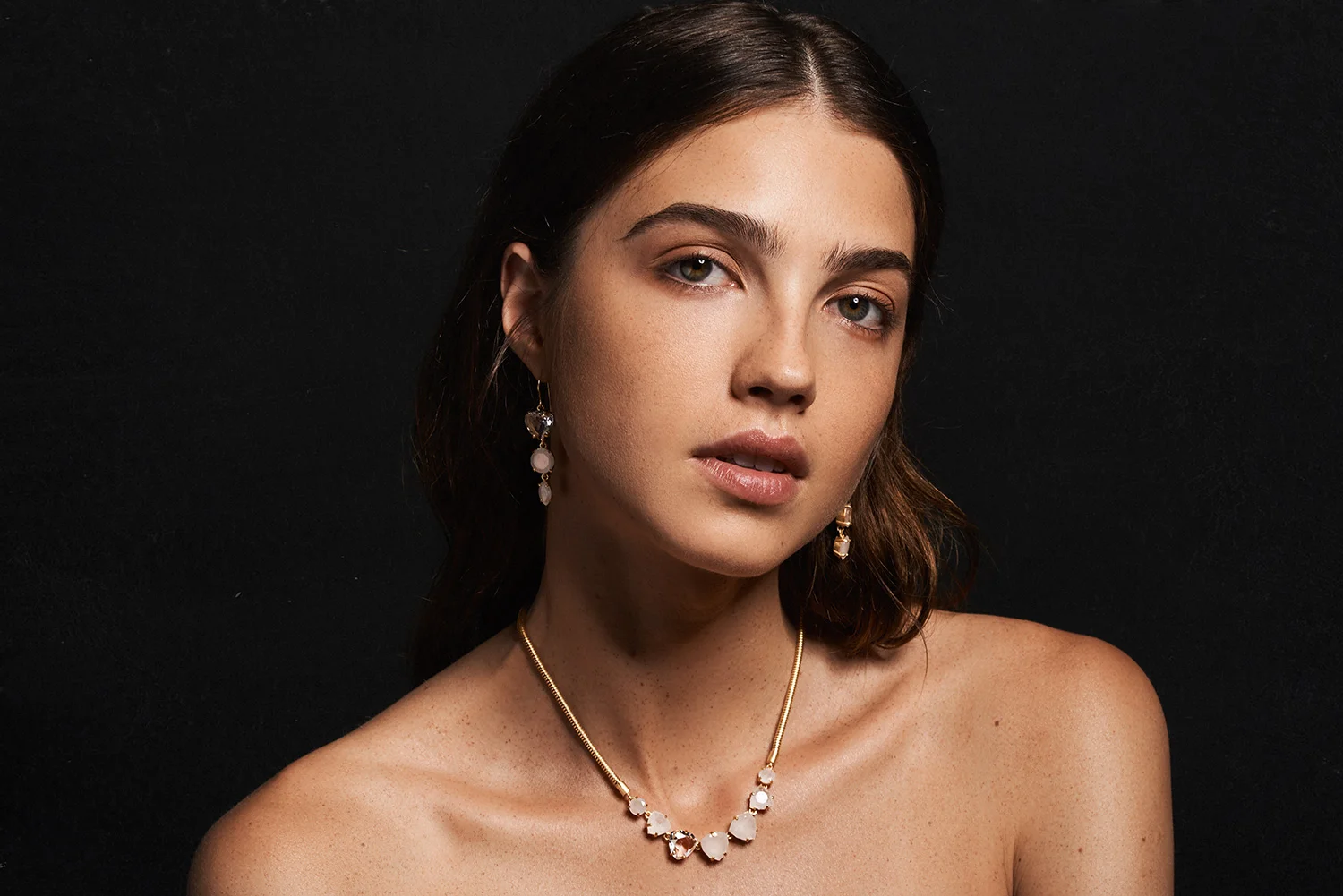 Ridgeline Drop Earrings and Willoughby Necklace in clear and raw crystal quartz by Sara Golden