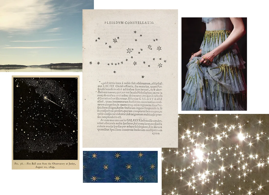 Images, clockwise from top left: personal photo taken in upstate New York; page from Galileo's Sidereus Nuncius ; detail of Gucci gown from Spring 2017; "Stars of the Ocean," photo by Marit Hettinga via Flickr; detail of ceiling fresco by Giotto; found image via Pinterest.