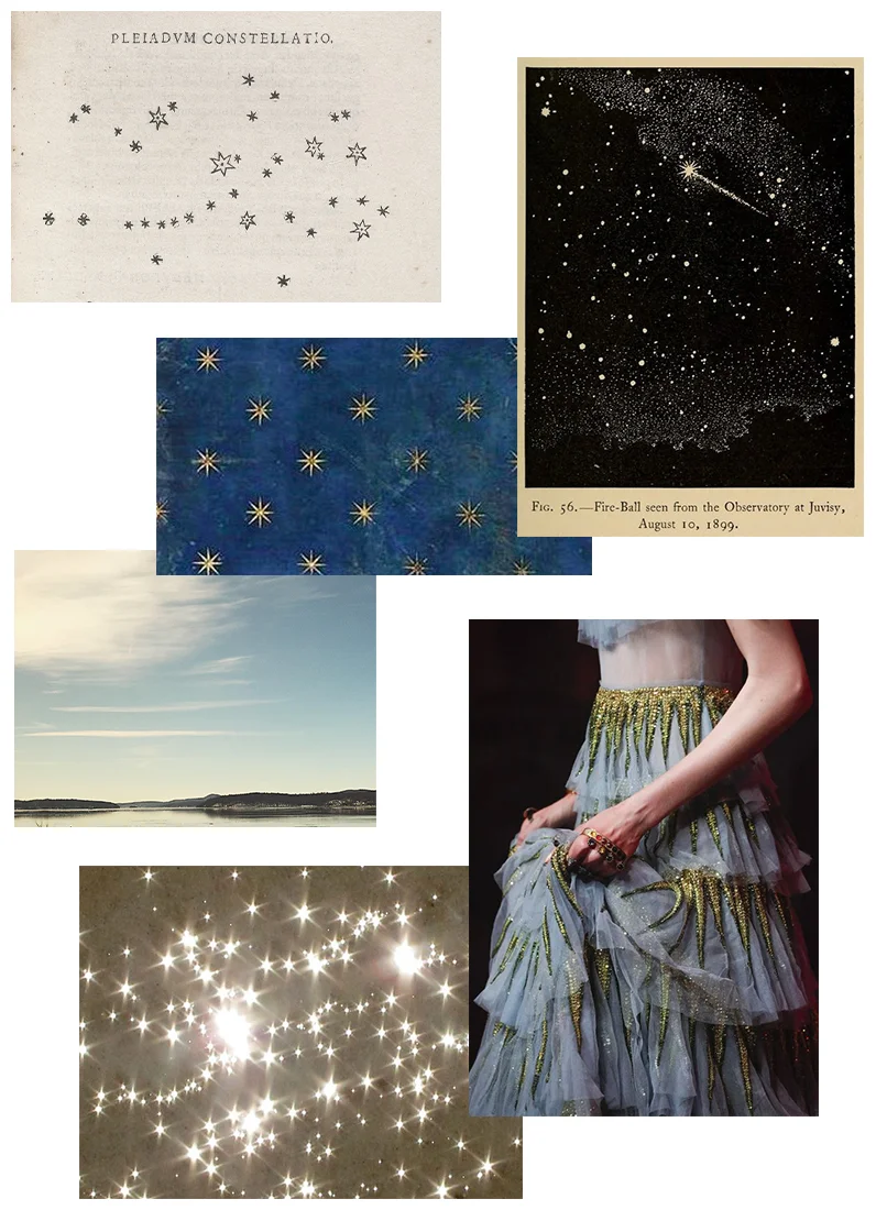 Image credits, clockwise from top left: sketch from from Galileo's Sidereus Nuncius; found image of an antique plate via Pinterest; detail of Gucci gown from Spring 2017; "Stars of the Ocean," photo by Marit Hettinga via Flickr; personal photo taken in upstate New York; detail of ceiling fresco by Giotto.