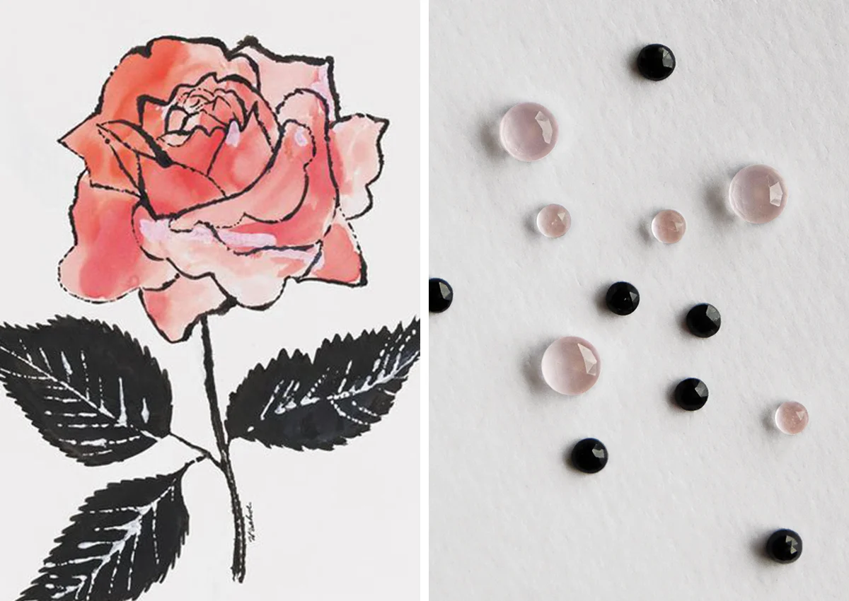 Left: Untitled Andy Warhol illustration; Right: Rose quartz and black spinel rose cut stones.