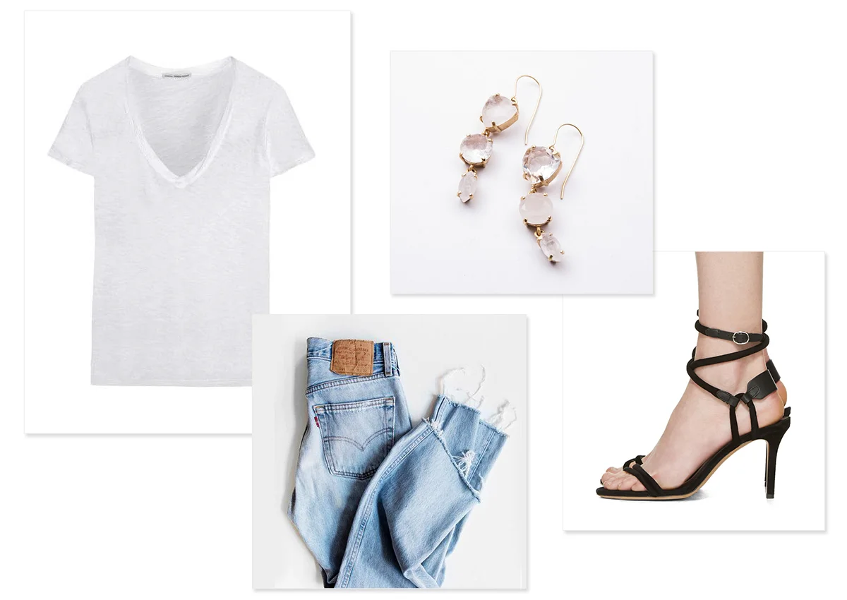 Images, clockwise from top left: James Perse tee ; Ridgeline Drops ; Isabel Marant heeled sandals ; vintage Levi’s