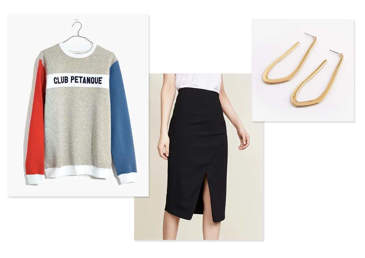 Images, left to right: Madewell sweatshirt ; Black Halo skirt ; Halo Hoops