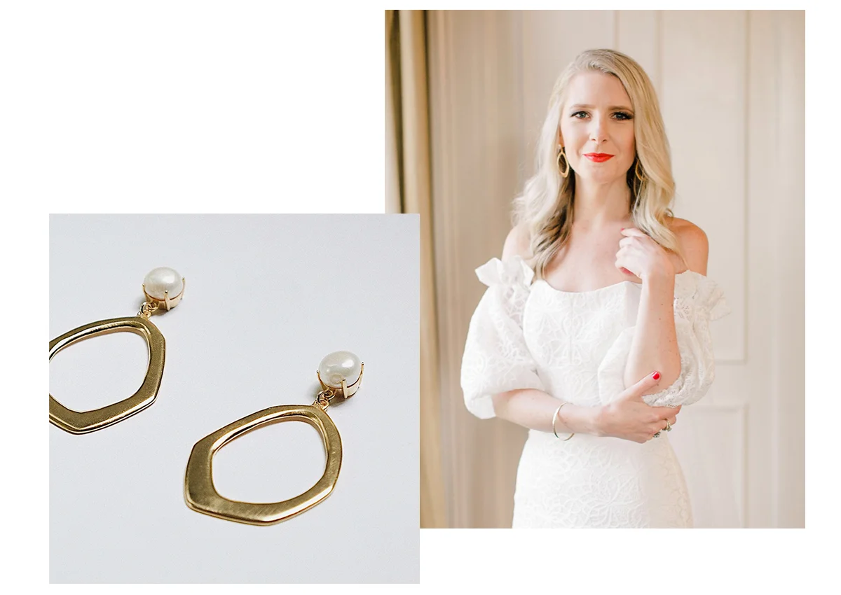 Left: A close-up shot of Molly’s earrings; Right: Molly just before her wedding, photo by Meghan Baskin