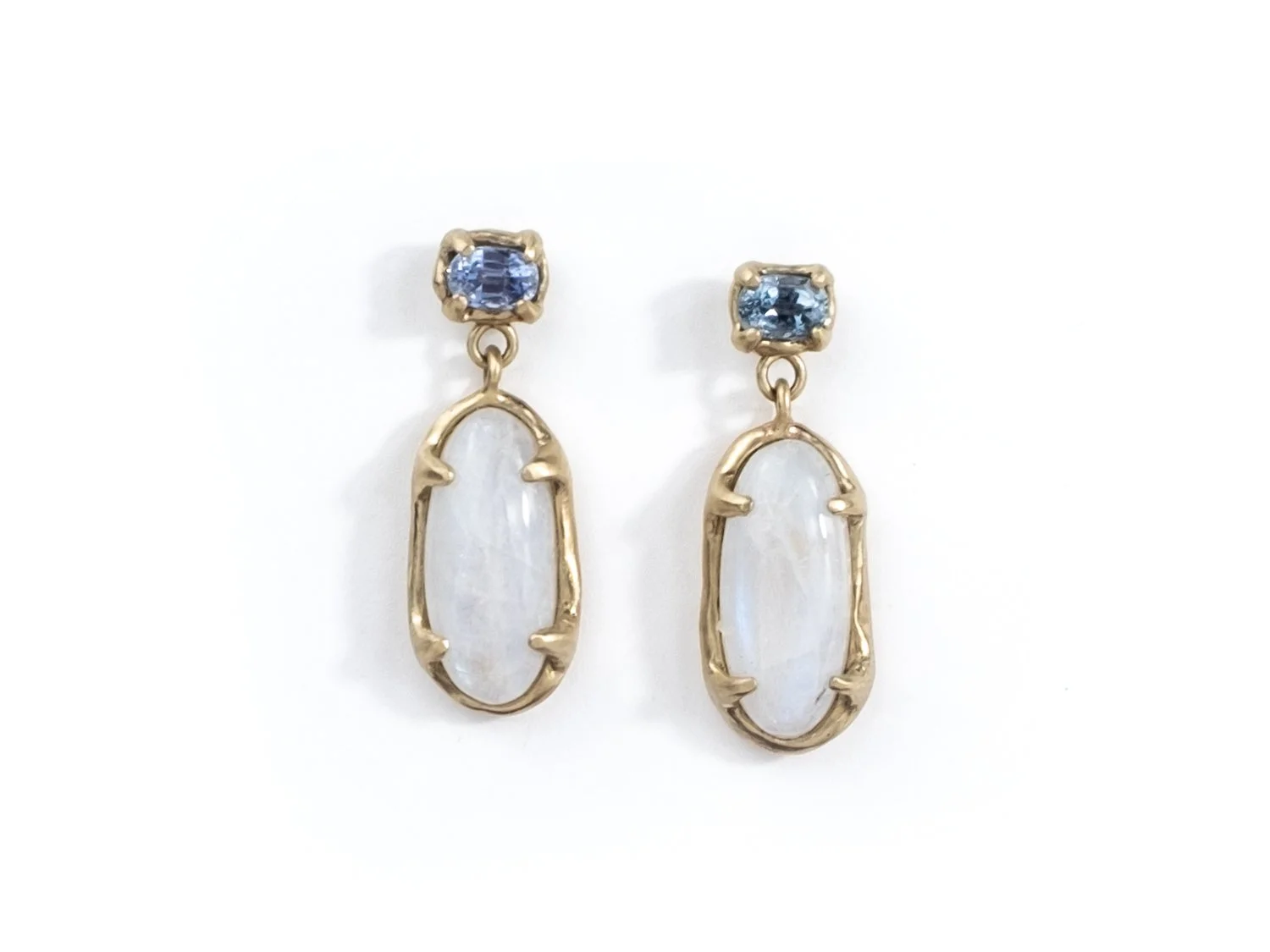 14k gold earrings with top sapphire stone and hanging moonstone by Sara Golden Jewelry