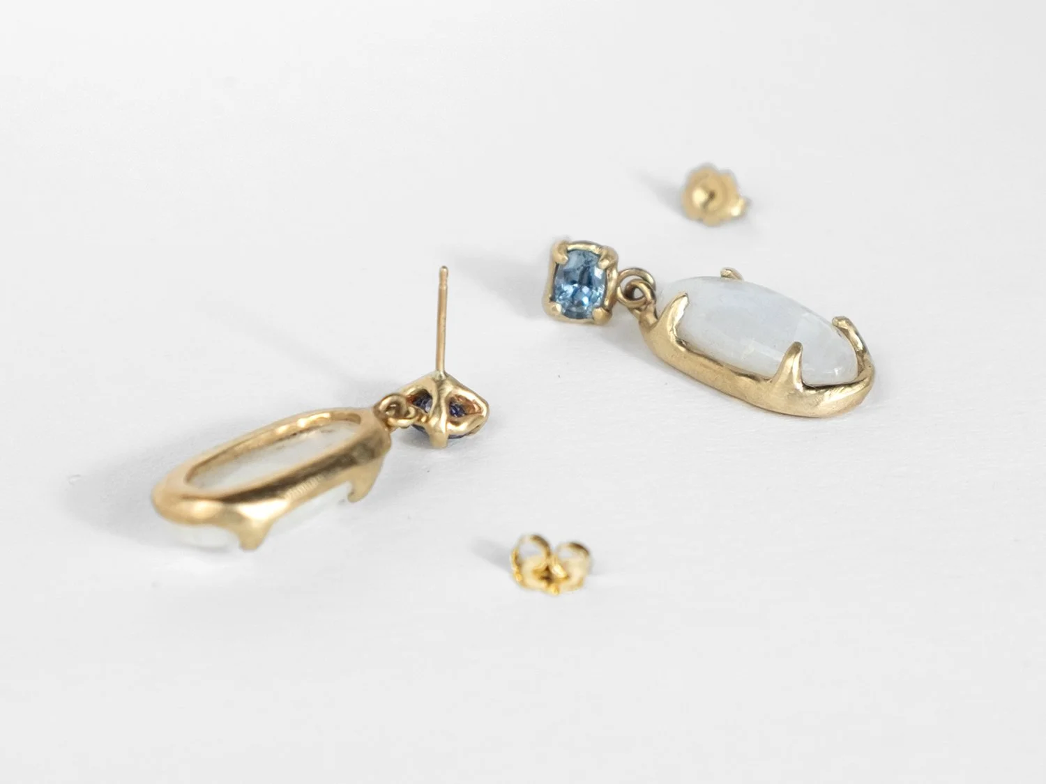 14k gold earrings with top sapphire stone and hanging moonstone by Sara Golden Jewelry