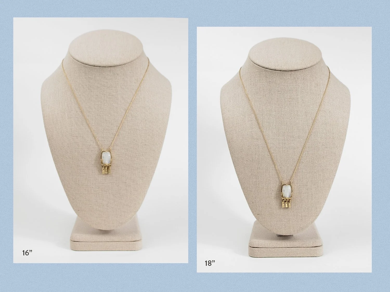 Side-by-side photos of a 14k gold and moonstone necklace worn at different lengths