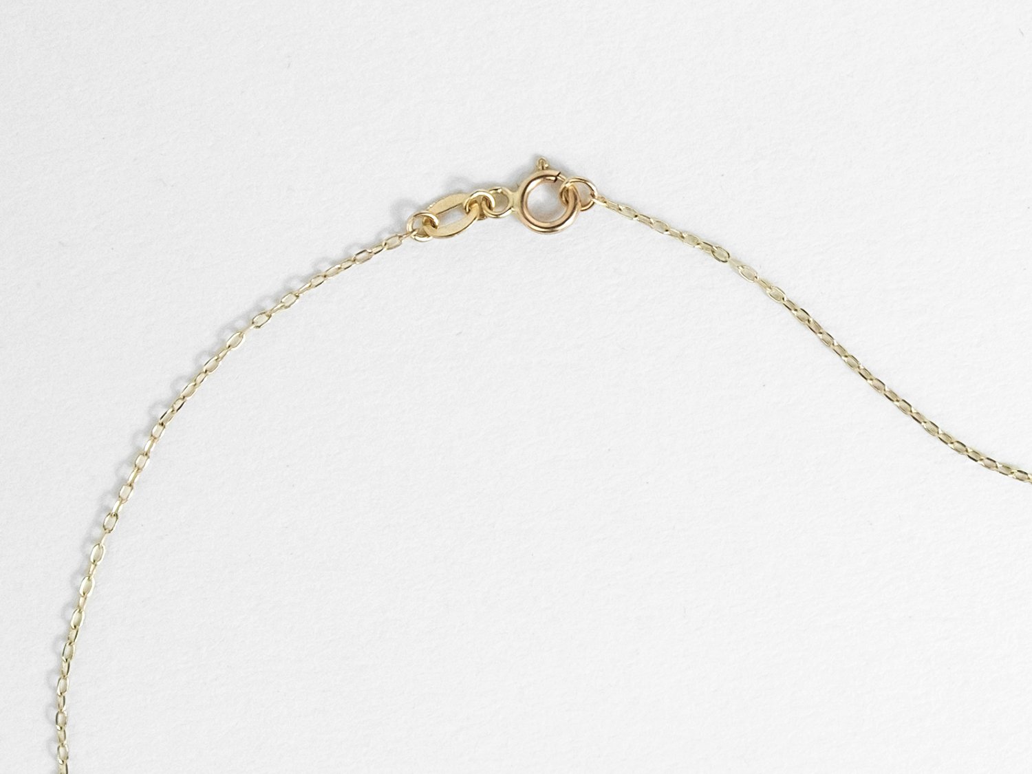 Spring ring closure on the back of a delicate gold chain necklace