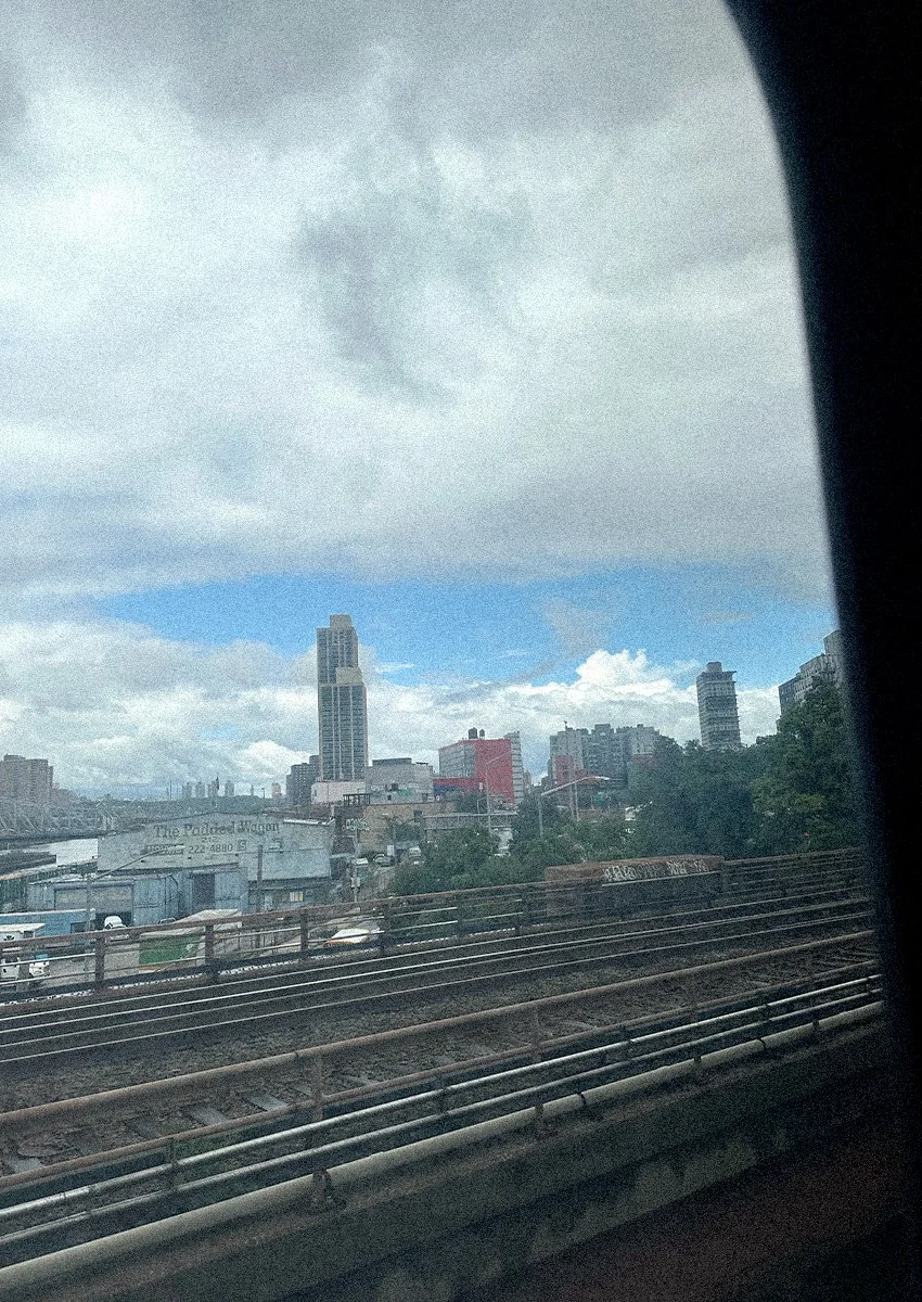 View from a train of skyscrapers