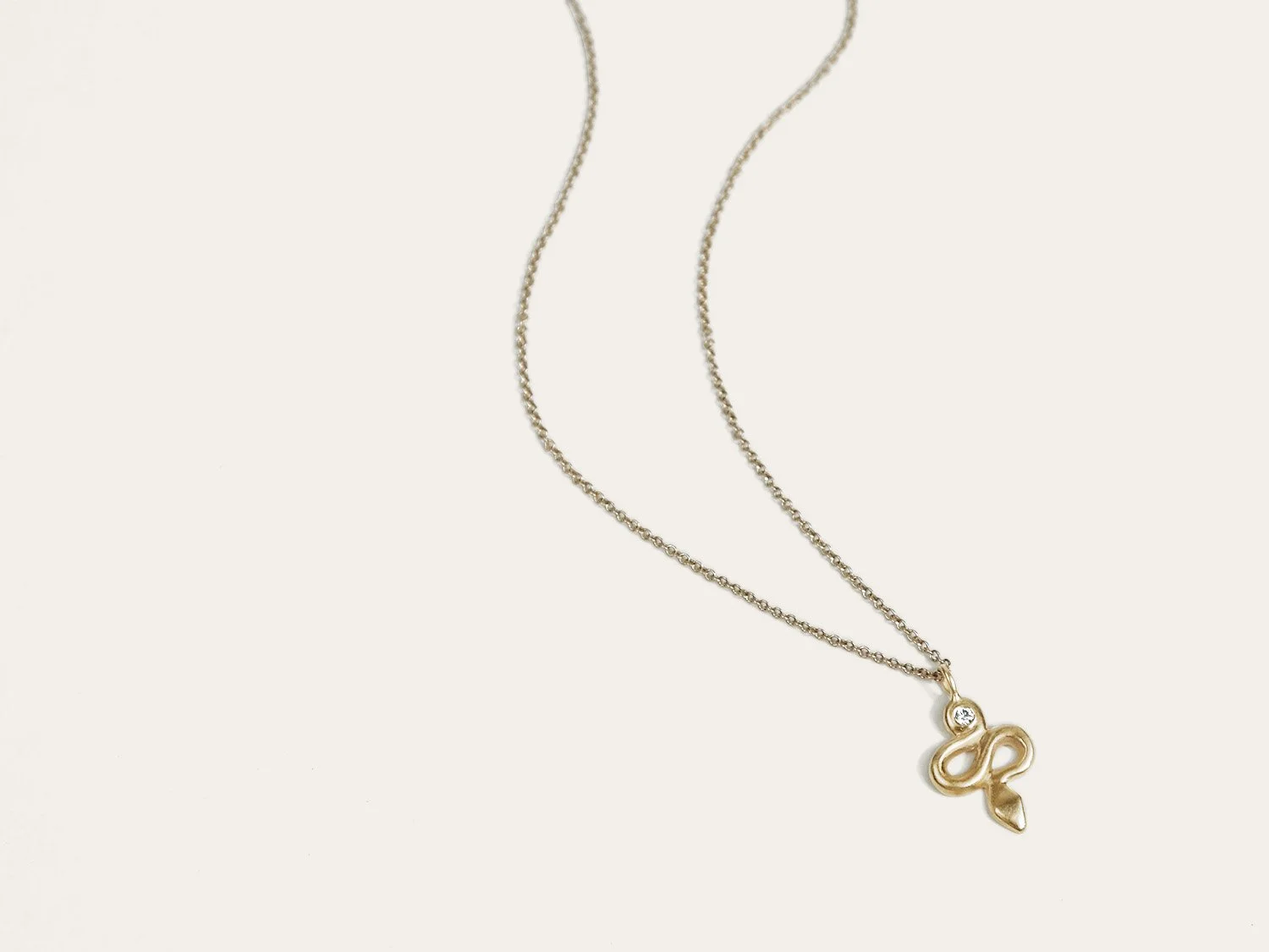 Gold snake charm with a diamond in its tail hanging from a gold chain
