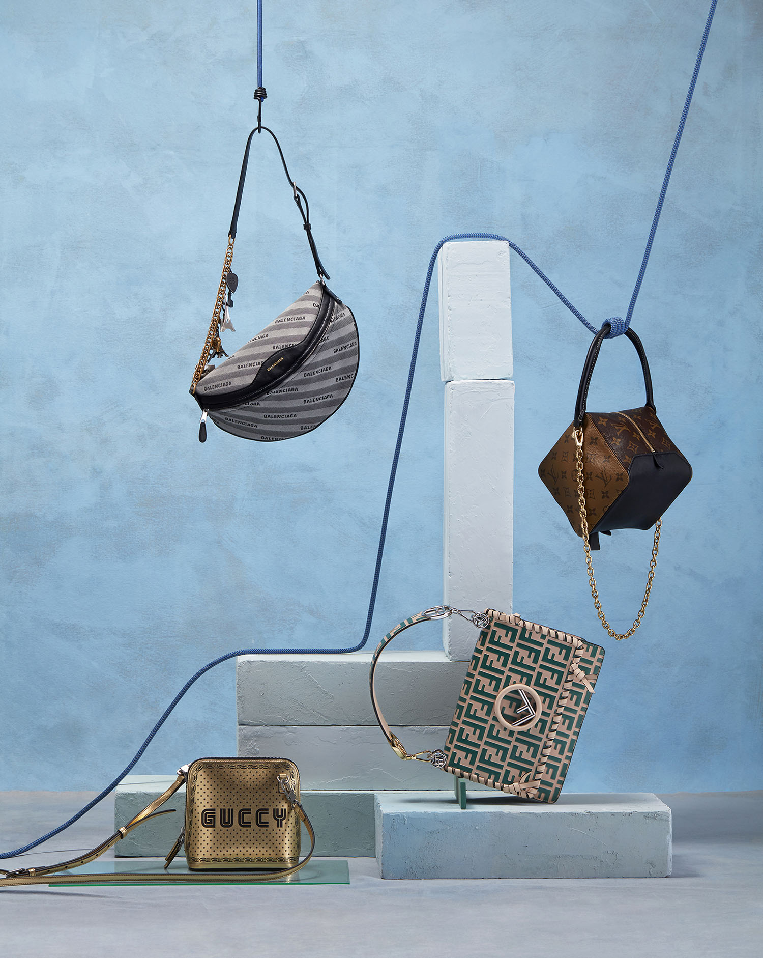 Sunday Times set design still life of logo bags
