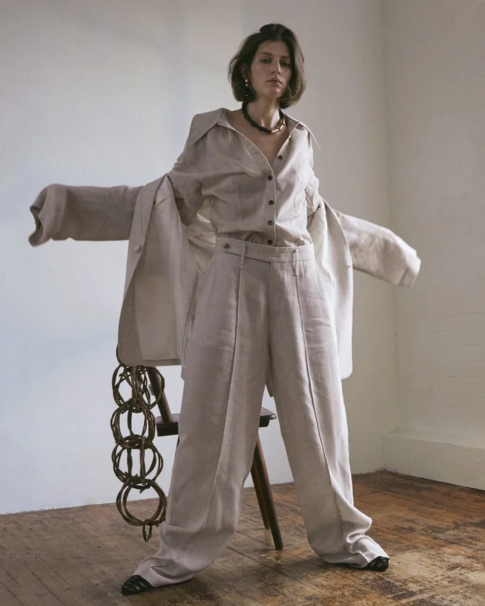 Sunday times set design - model wearing Joseph linen suit
