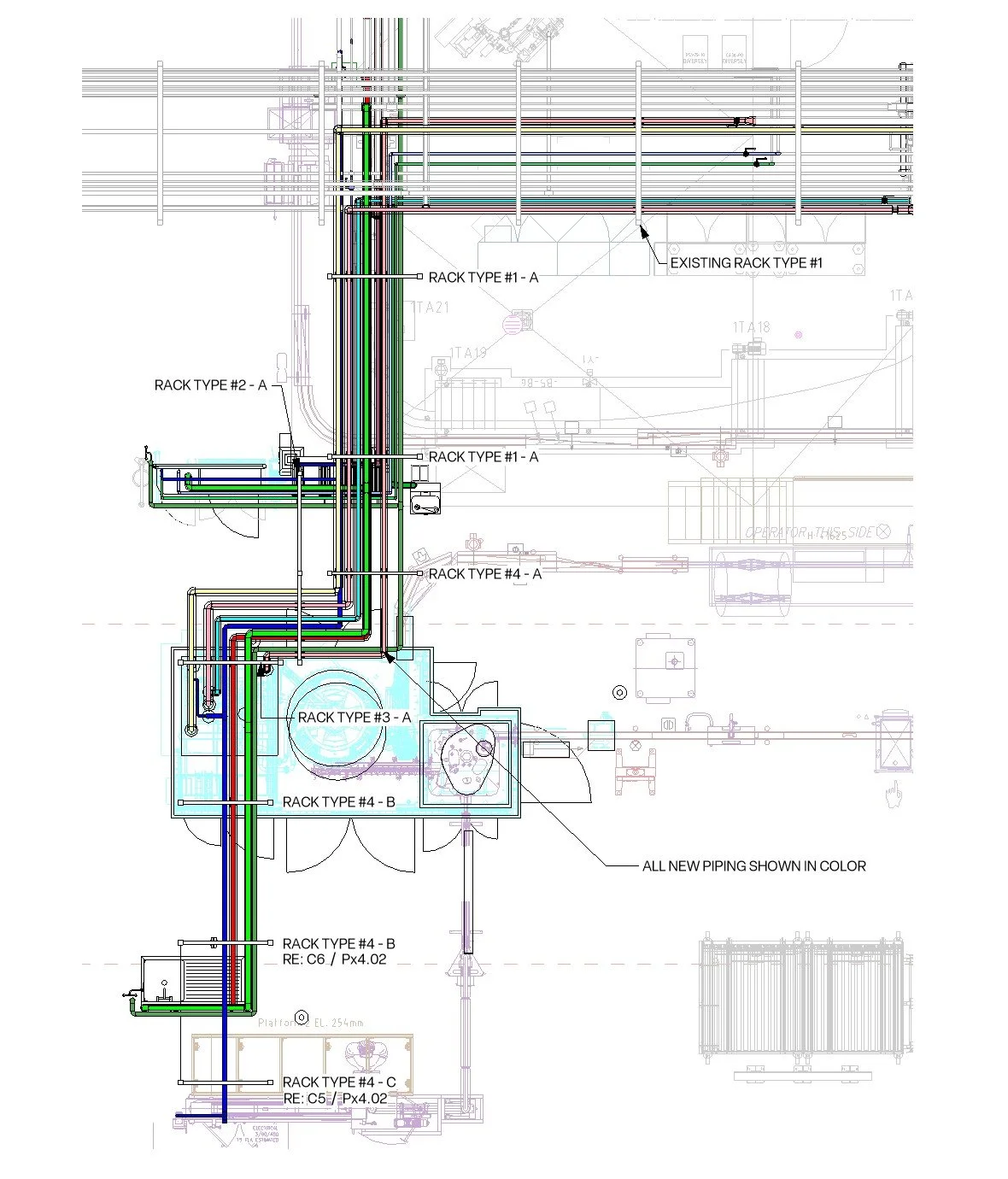  This plan view illustrates all pipe routing, overhead support racks, and drop locations to the equipment below. 