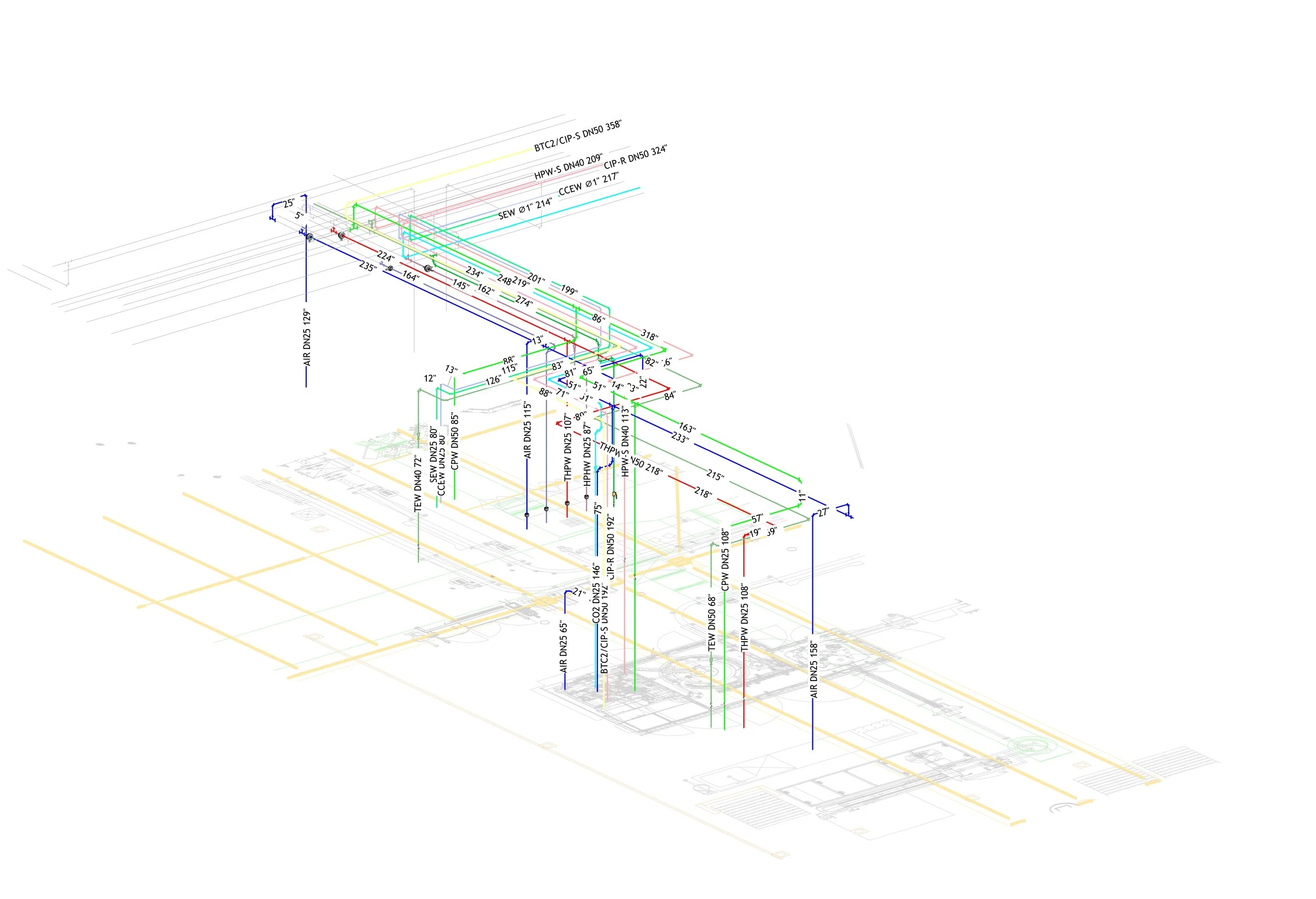  3D Pipe Isometric with all pipe sizes, materials, connections, and valves represented.&nbsp; 