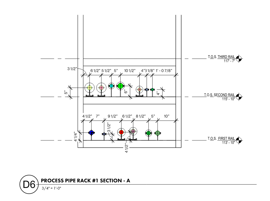  Pipe rack installation diagram showing spacing and piping support elements. Different colors indicate the different fluids and utilities with their associated insulation thicknesses and supports. 