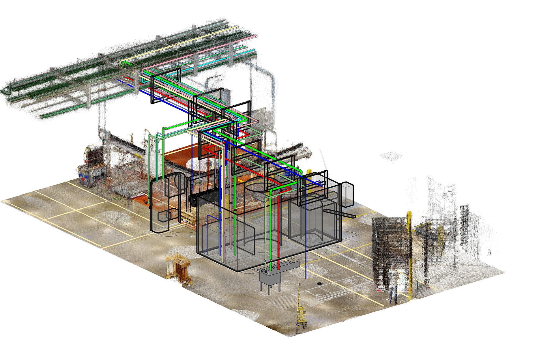 3D Piping and Equipment diagram showing all new piping, overhead support racks, and equipment. This model is combined with a laser scan point cloud generated from the existing manufacturing hall, leading to highly detailed and accurate design coordi